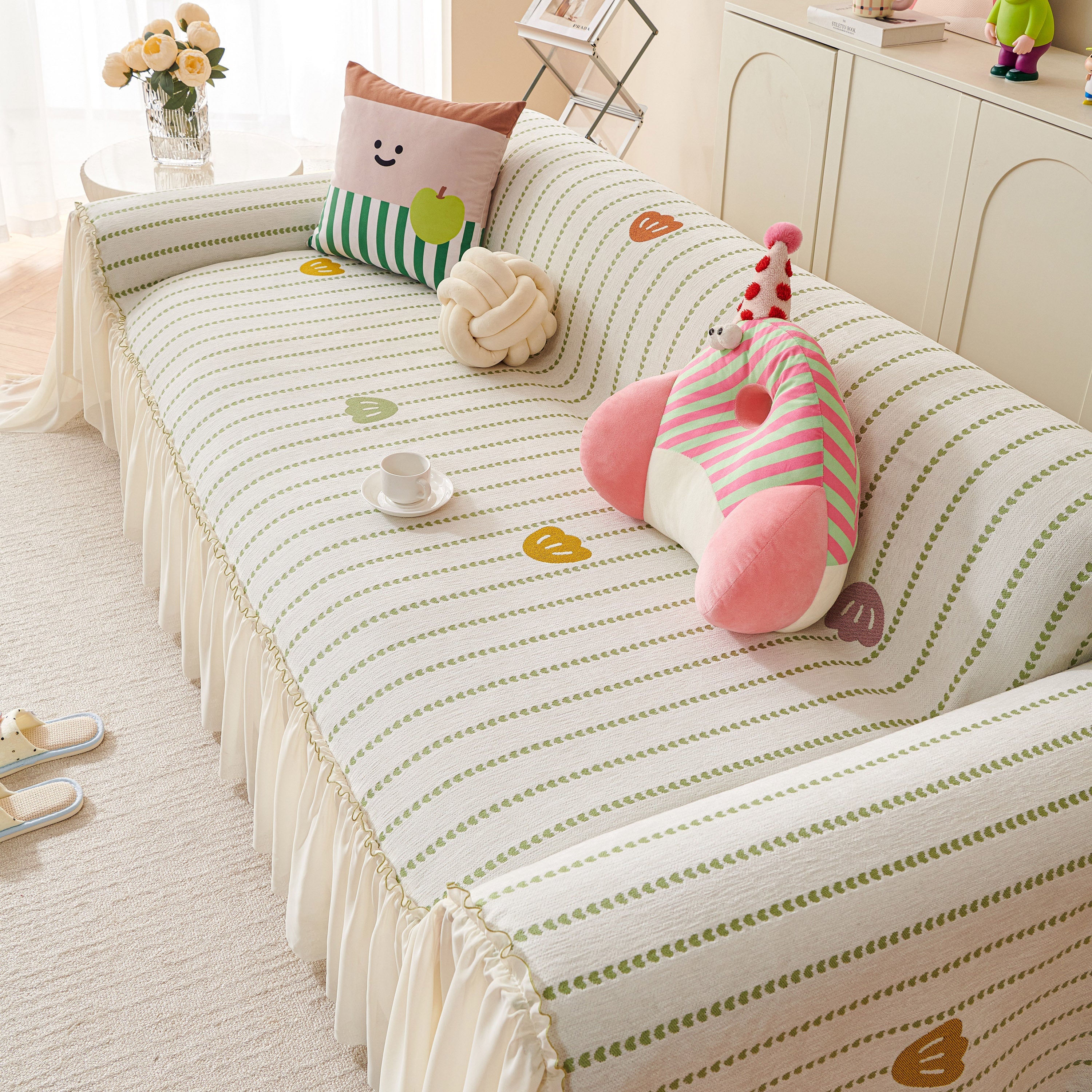 Cute Dotted Stripe Couch Protector, Non-slip Washable Sofa Cover With Ruffled Skirt