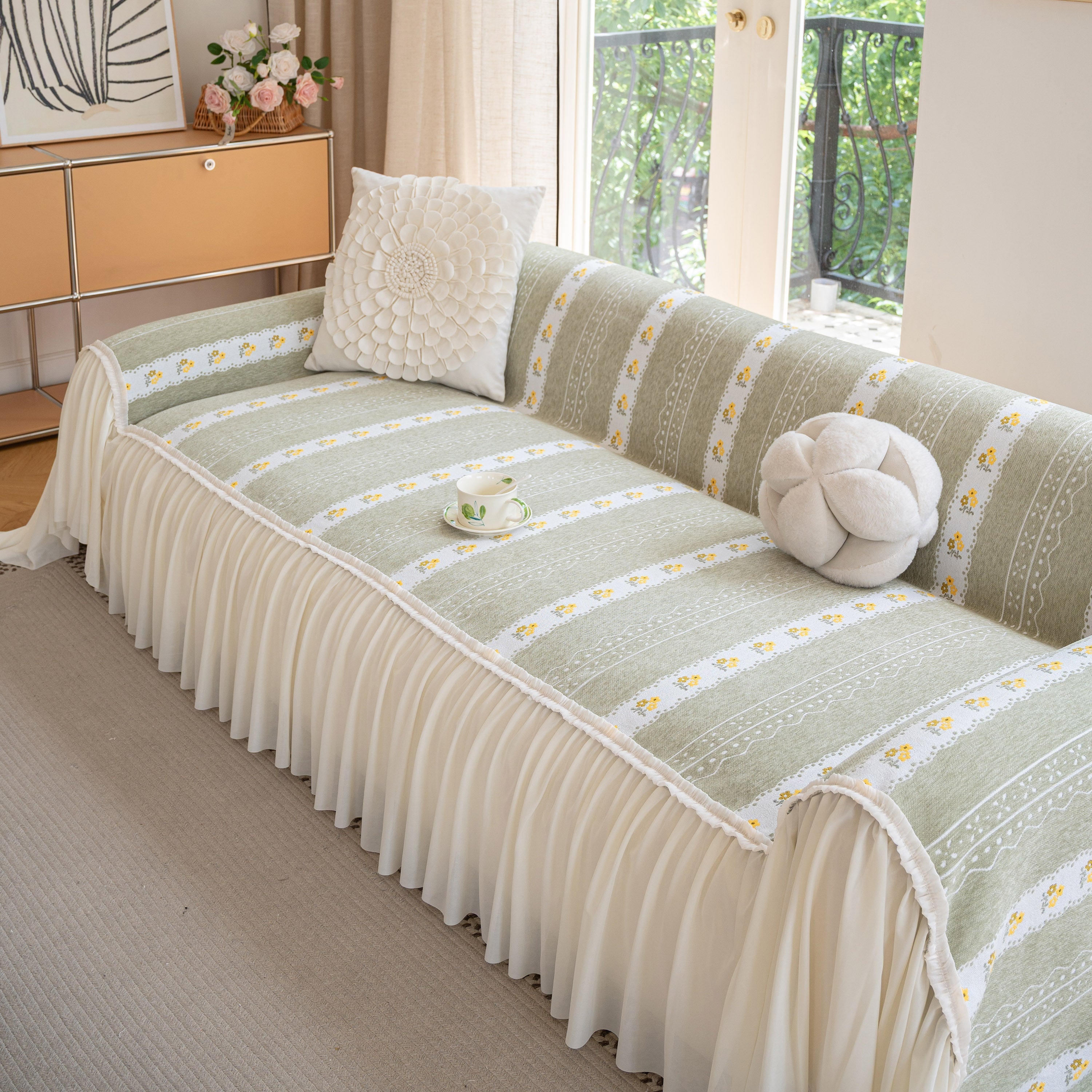 Daisy Striped Sofa Cover With Sheer Ruffle Skirt, Floral Soft Slipcover Blanket