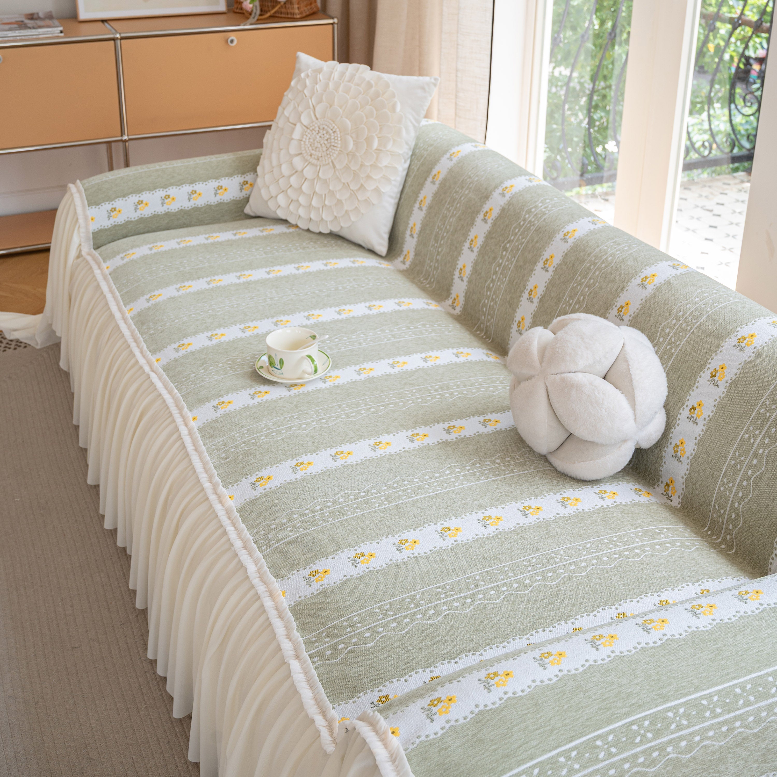Daisy Striped Sofa Cover With Sheer Ruffle Skirt, Floral Soft Slipcover Blanket