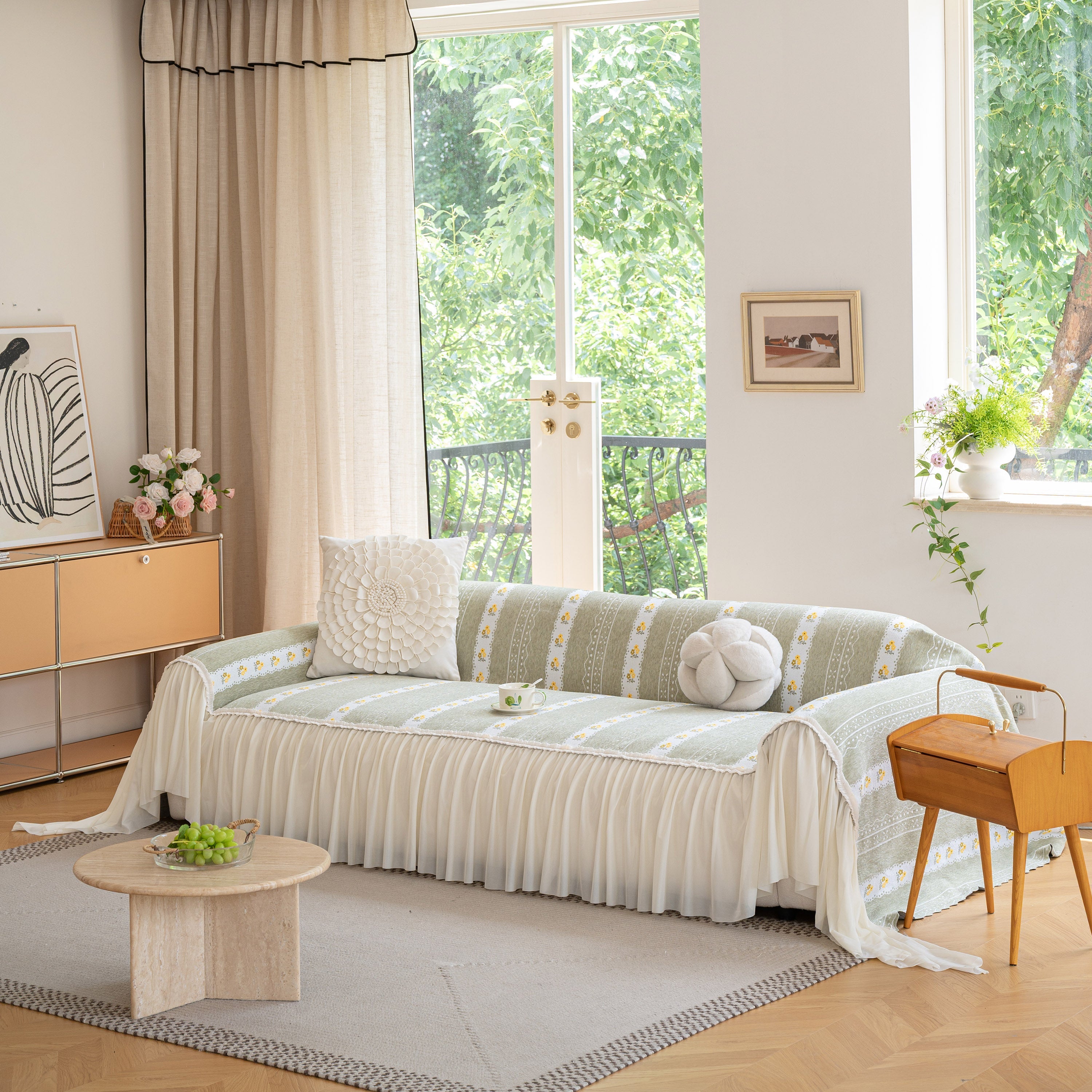 Daisy Striped Sofa Cover With Sheer Ruffle Skirt, Floral Soft Slipcover Blanket