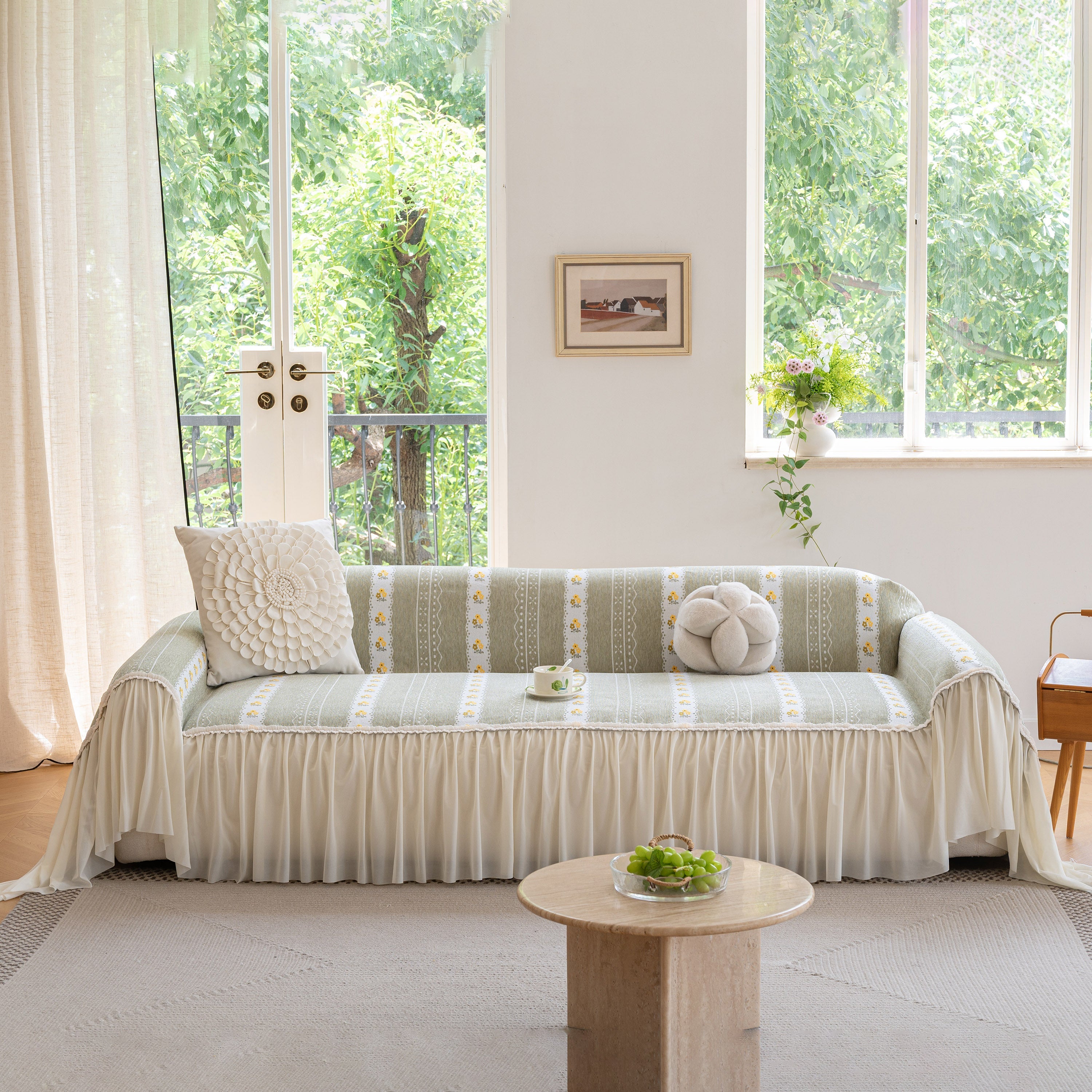 Daisy Striped Sofa Cover With Sheer Ruffle Skirt, Floral Soft Slipcover Blanket