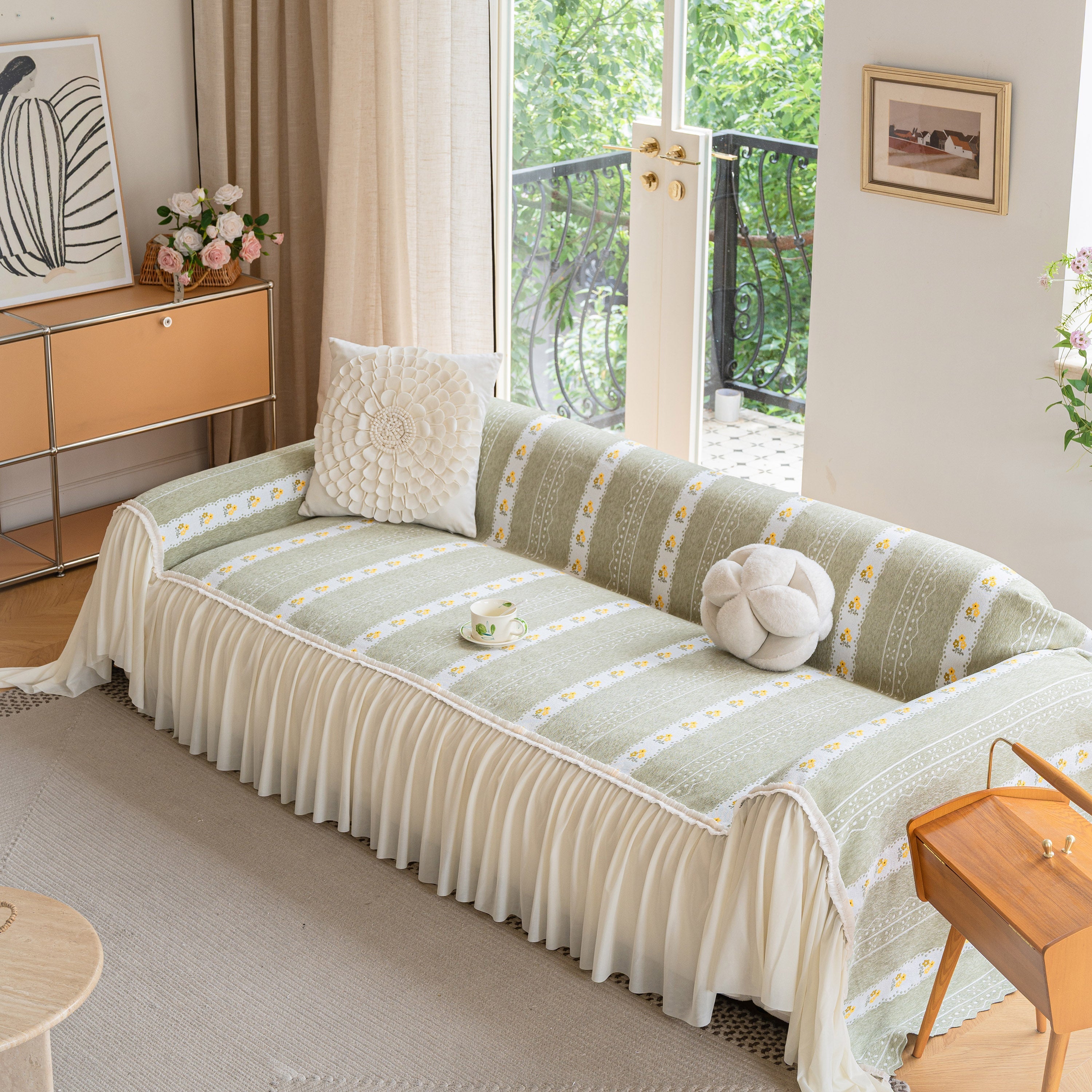 Daisy Striped Sofa Cover With Sheer Ruffle Skirt, Floral Soft Slipcover Blanket
