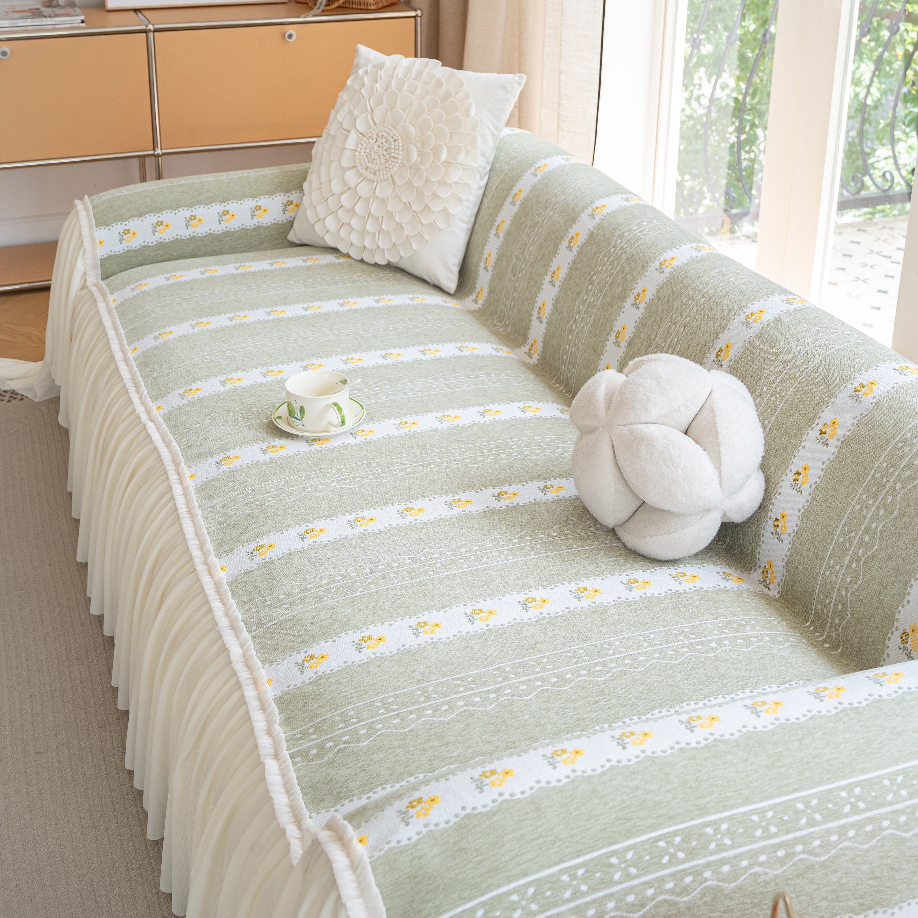 Daisy Striped Sofa Cover With Sheer Ruffle Skirt, Floral Soft Slipcover Blanket