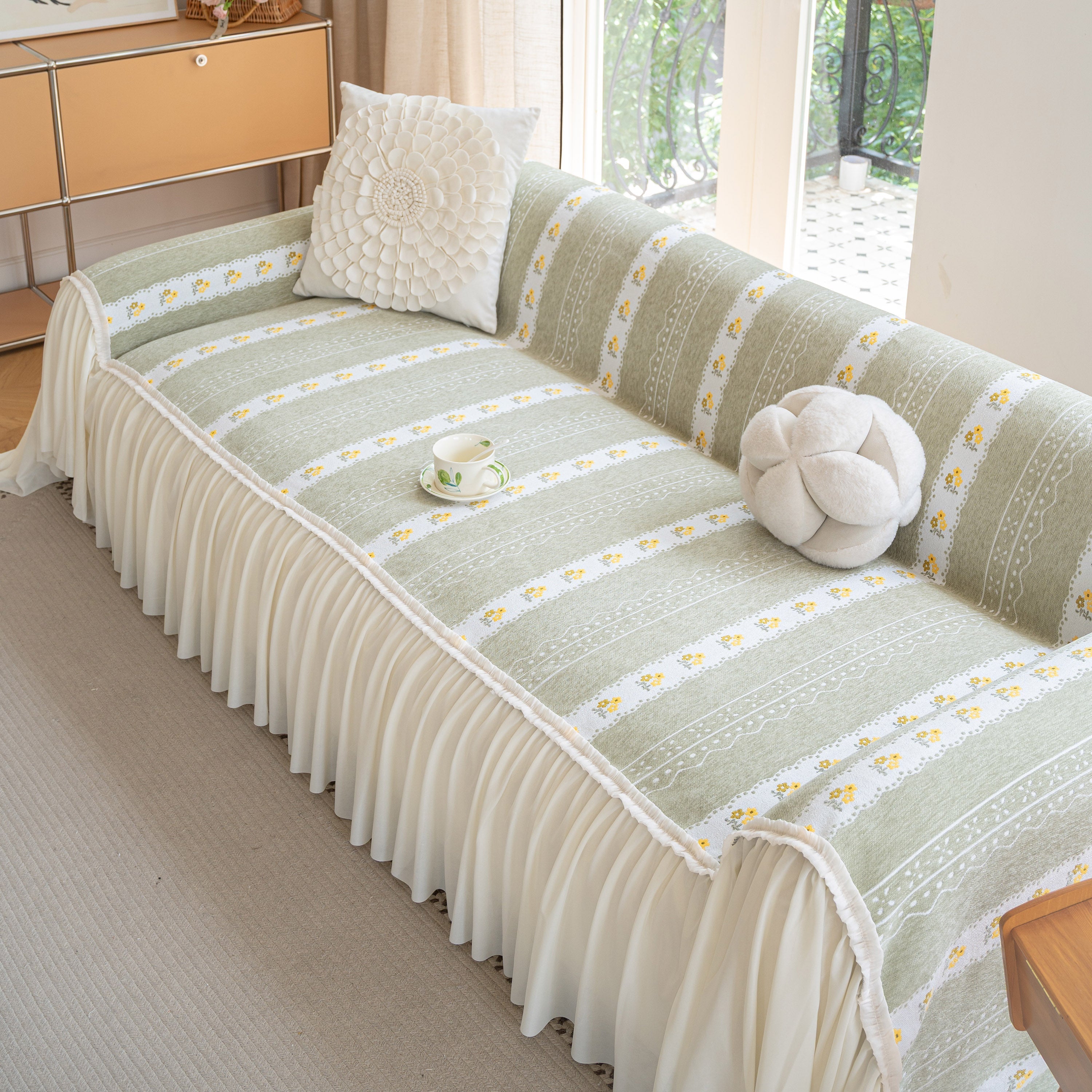 Daisy Striped Sofa Cover With Sheer Ruffle Skirt, Floral Soft Slipcover Blanket