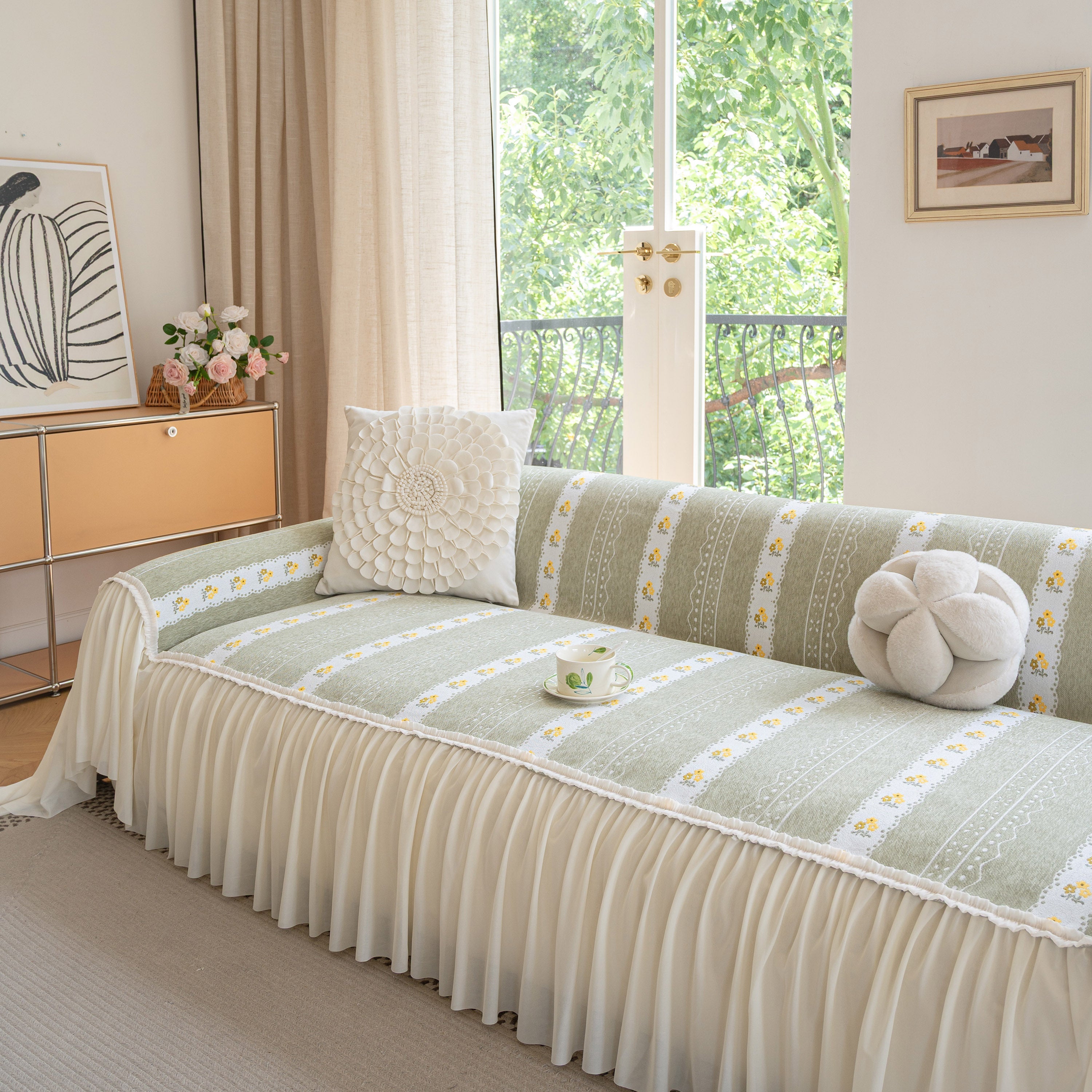 Daisy Striped Sofa Cover With Sheer Ruffle Skirt, Floral Soft Slipcover Blanket