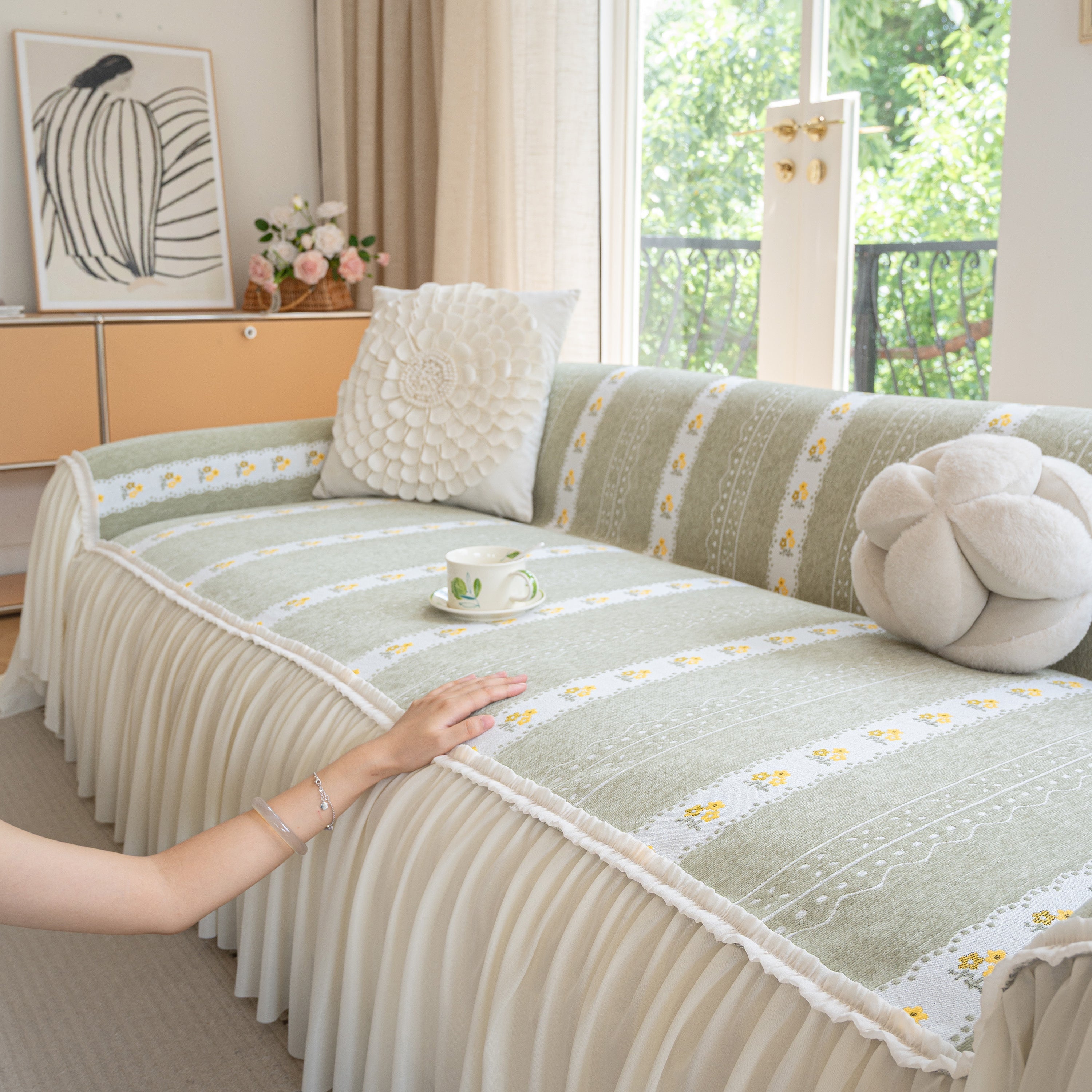 Daisy Striped Sofa Cover With Sheer Ruffle Skirt, Floral Soft Slipcover Blanket