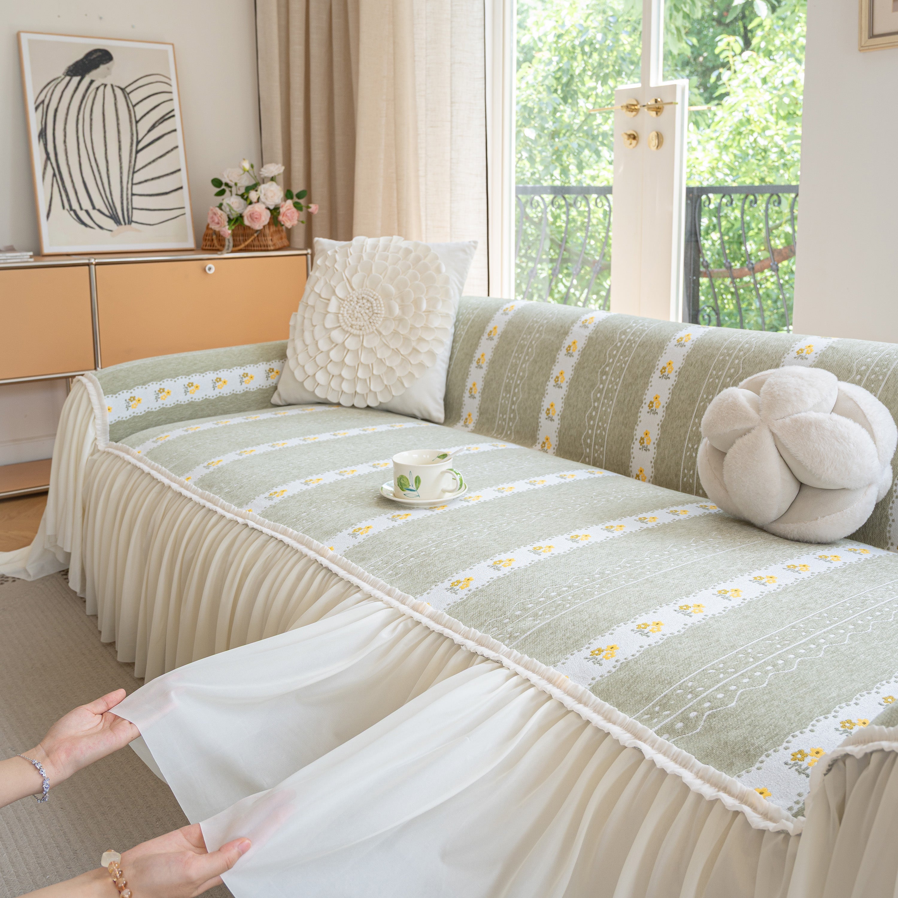 Daisy Striped Sofa Cover With Sheer Ruffle Skirt, Floral Soft Slipcover Blanket