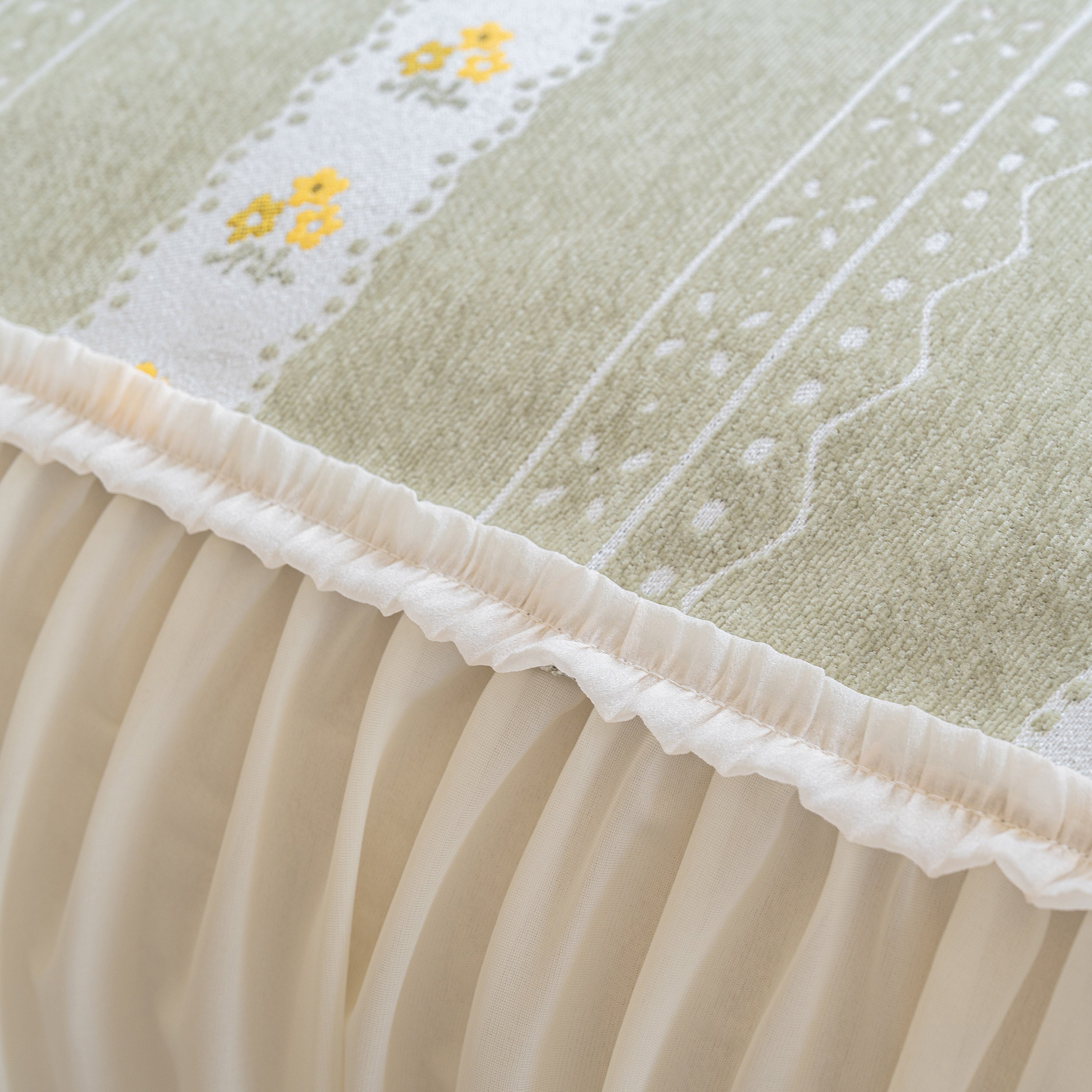 Daisy Striped Sofa Cover With Sheer Ruffle Skirt, Floral Soft Slipcover Blanket