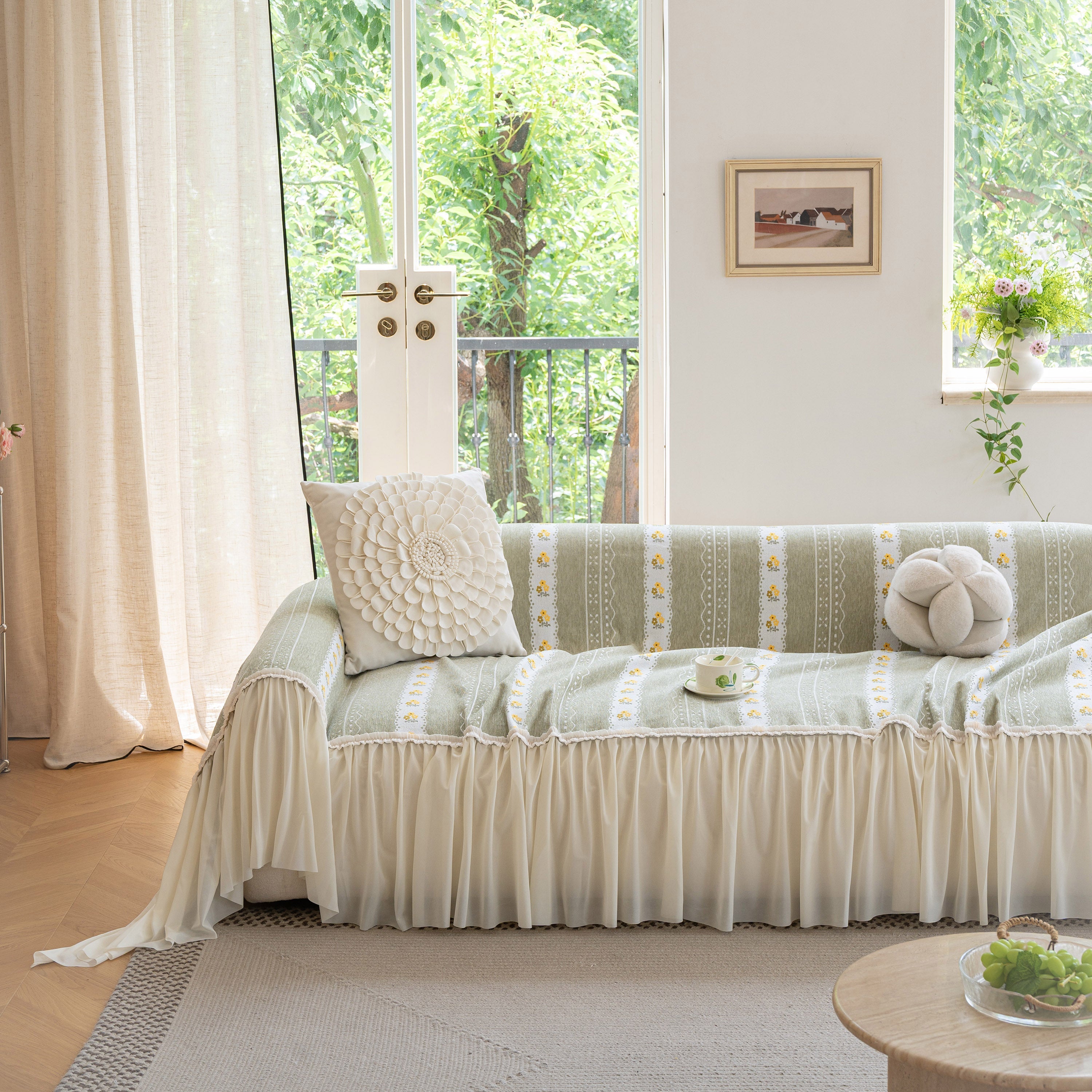 Daisy Striped Sofa Cover With Sheer Ruffle Skirt, Floral Soft Slipcover Blanket