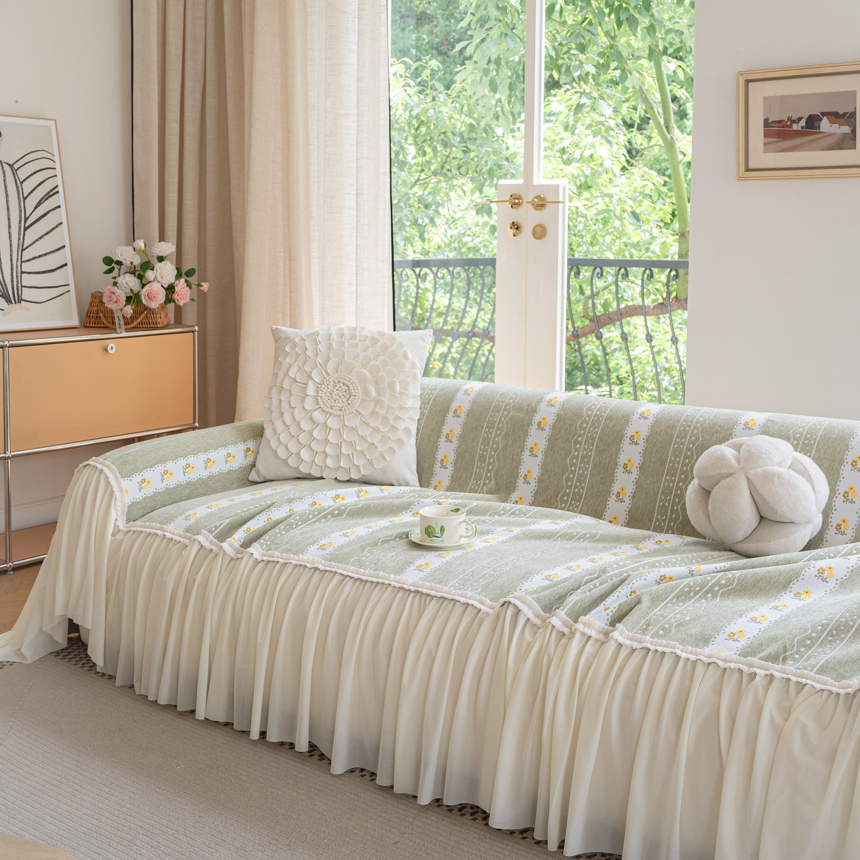 Daisy Striped Sofa Cover With Sheer Ruffle Skirt, Floral Soft Slipcover Blanket
