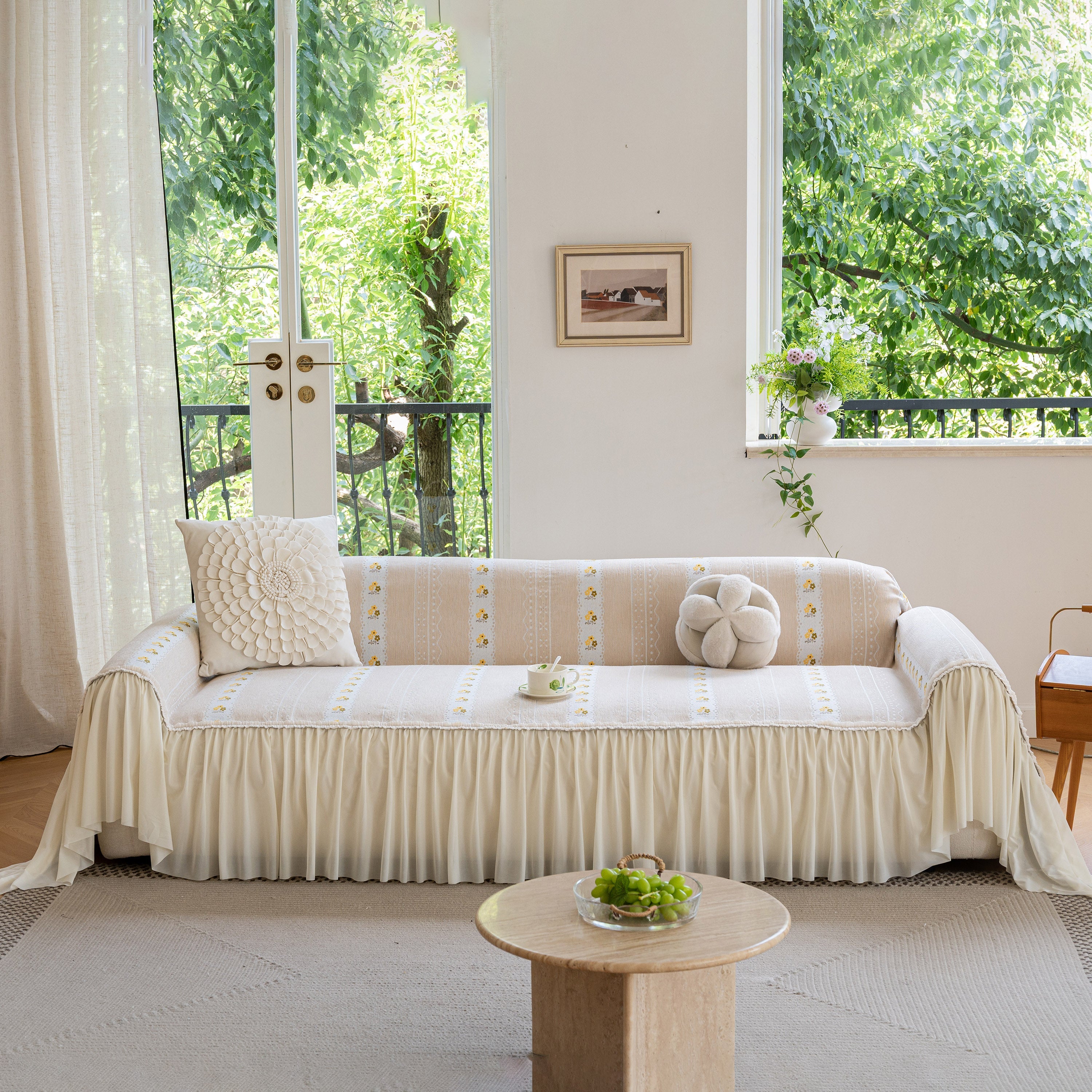 Daisy Striped Sofa Cover With Sheer Ruffle Skirt, Floral Soft Slipcover Blanket