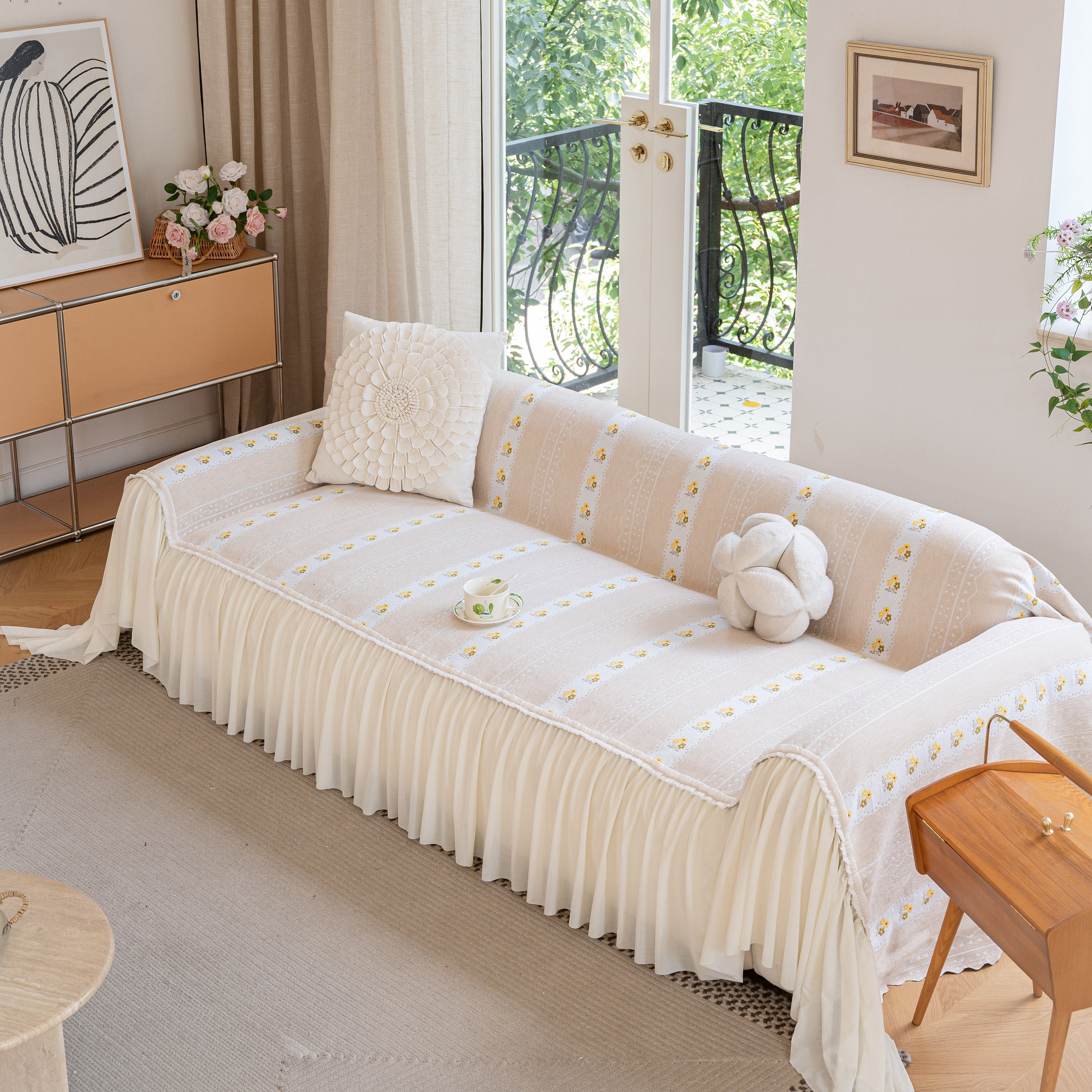 Daisy Striped Sofa Cover With Sheer Ruffle Skirt, Floral Soft Slipcover Blanket
