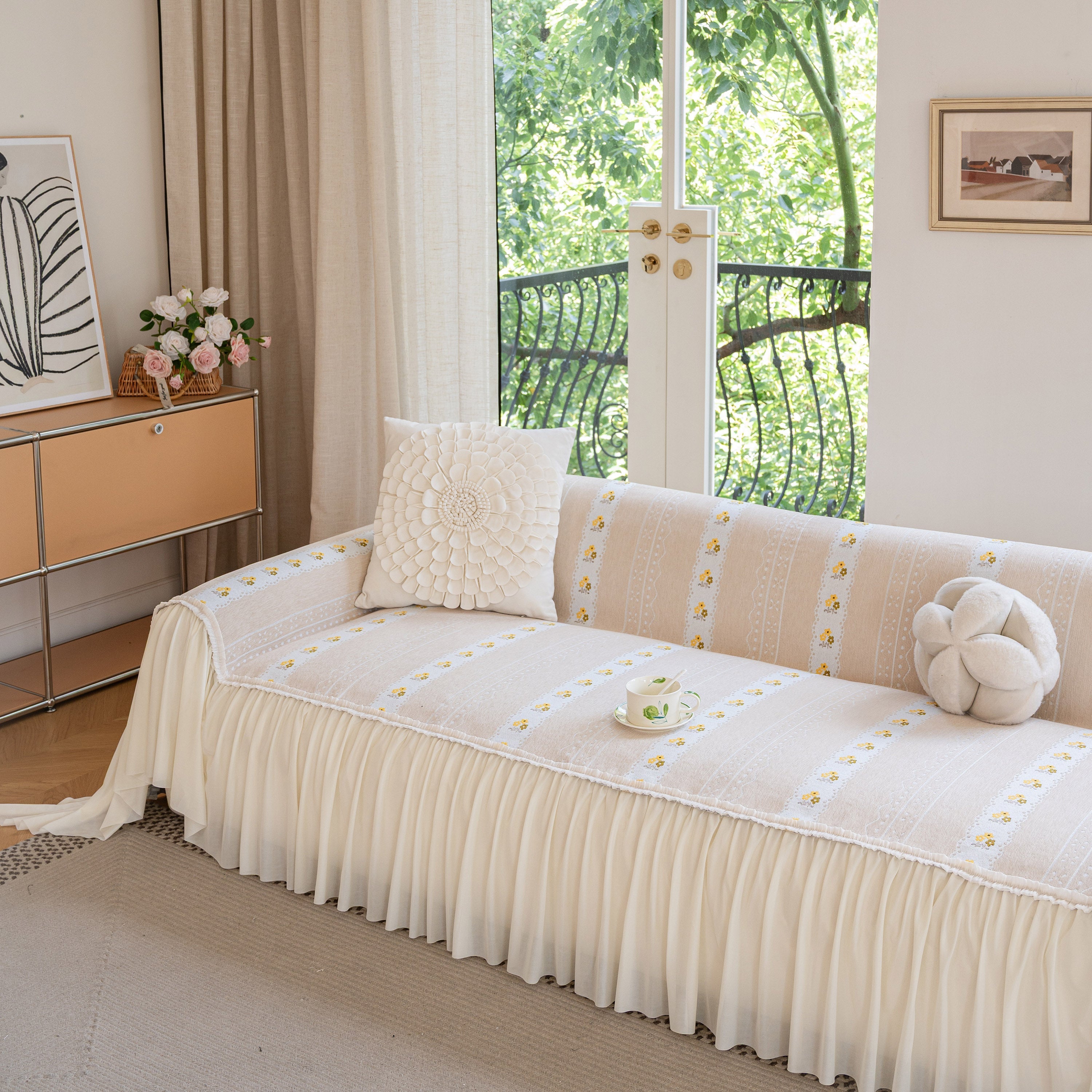 Daisy Striped Sofa Cover With Sheer Ruffle Skirt, Floral Soft Slipcover Blanket