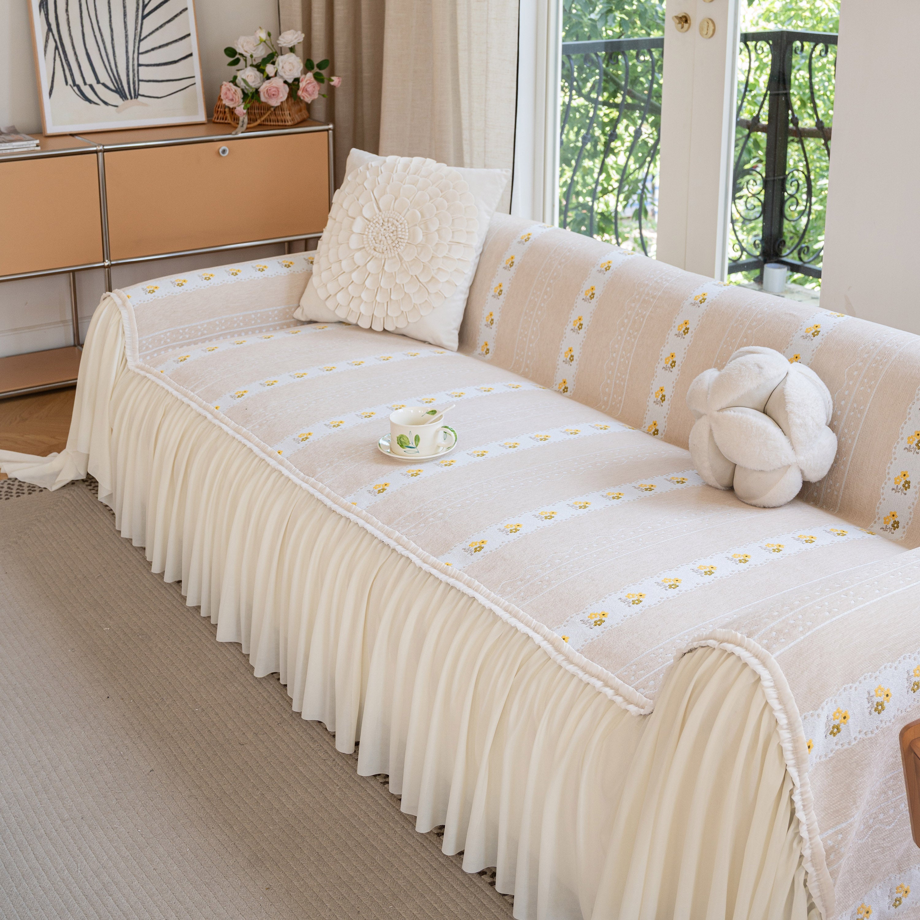 Daisy Striped Sofa Cover With Sheer Ruffle Skirt, Floral Soft Slipcover Blanket