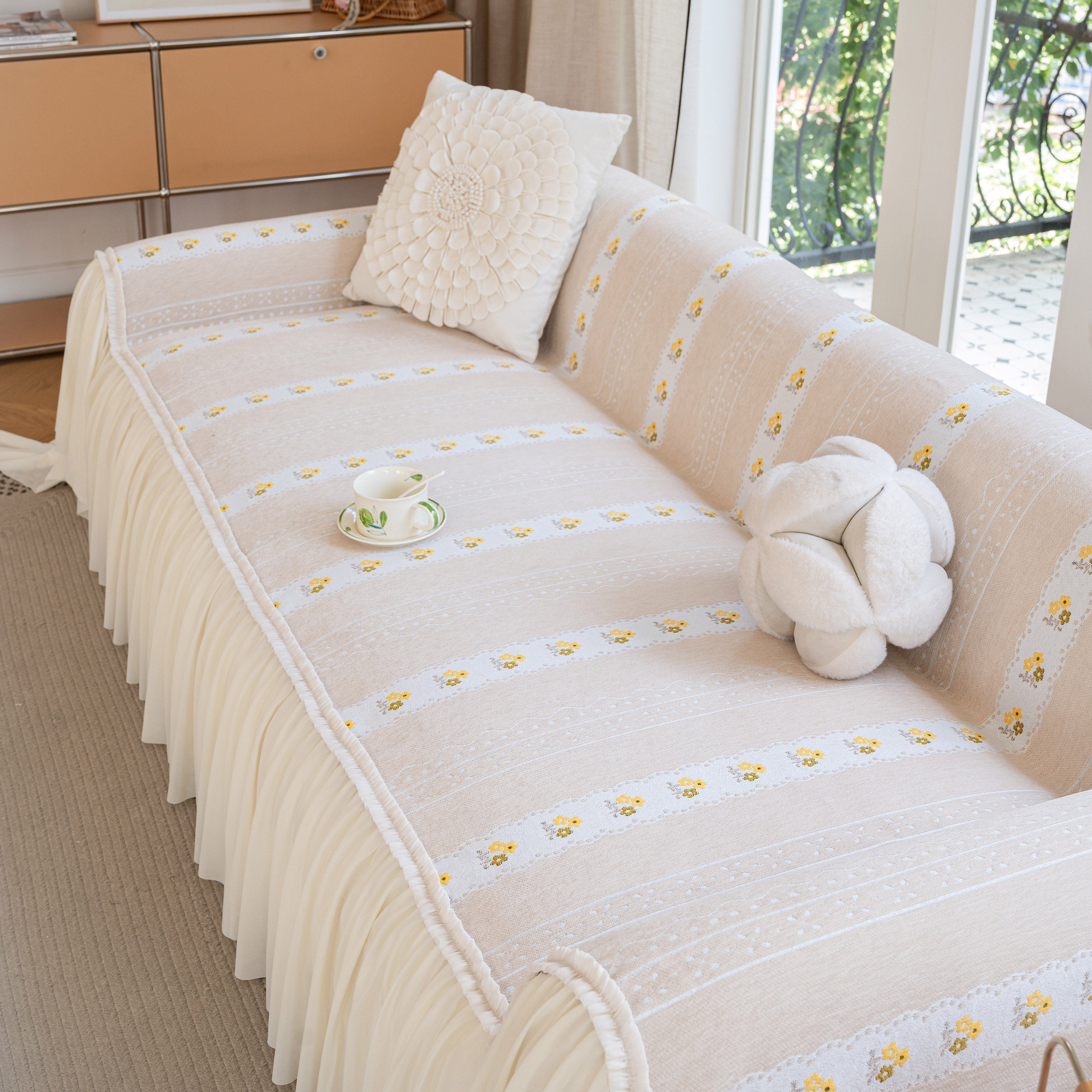 Daisy Striped Sofa Cover With Sheer Ruffle Skirt, Floral Soft Slipcover Blanket
