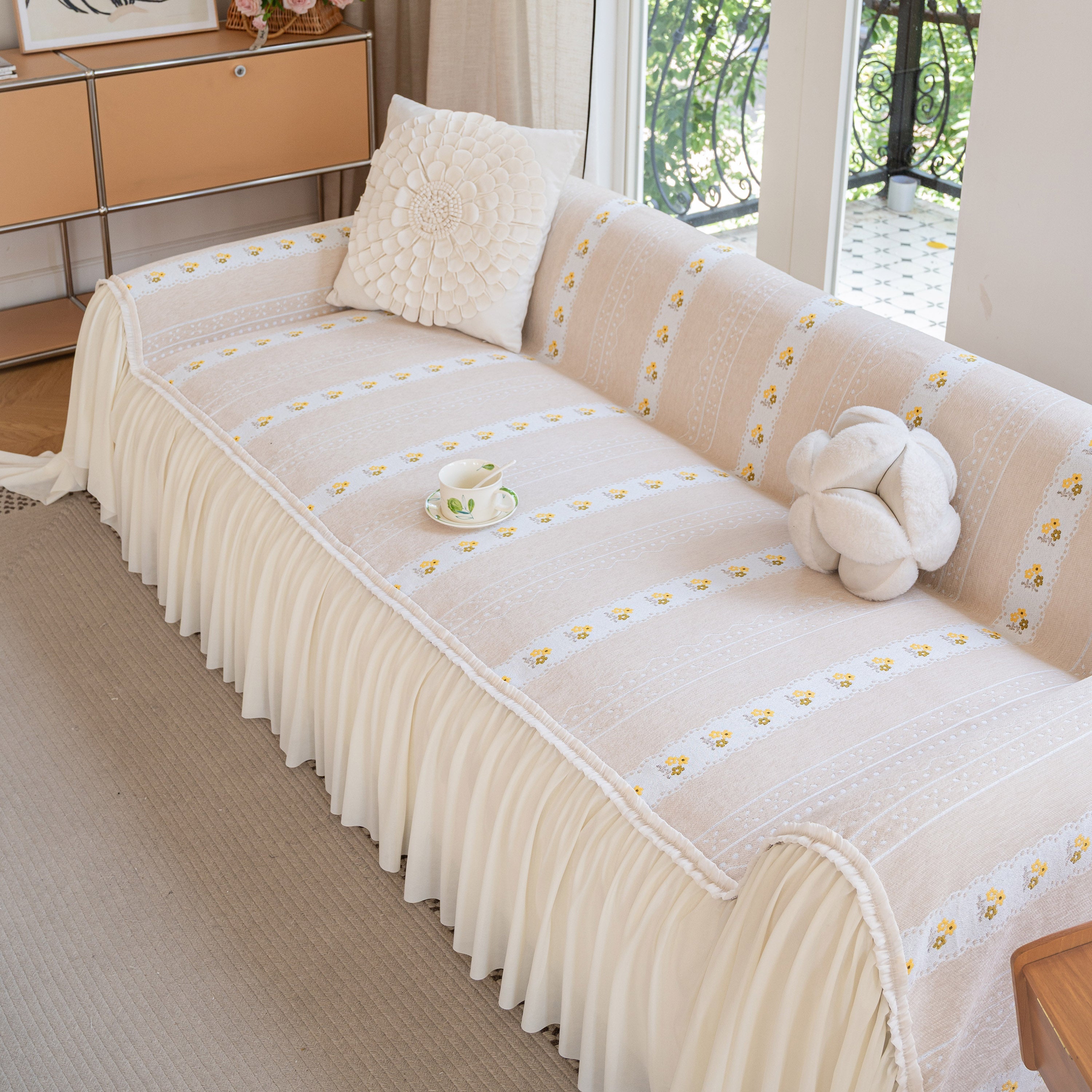 Daisy Striped Sofa Cover With Sheer Ruffle Skirt, Floral Soft Slipcover Blanket