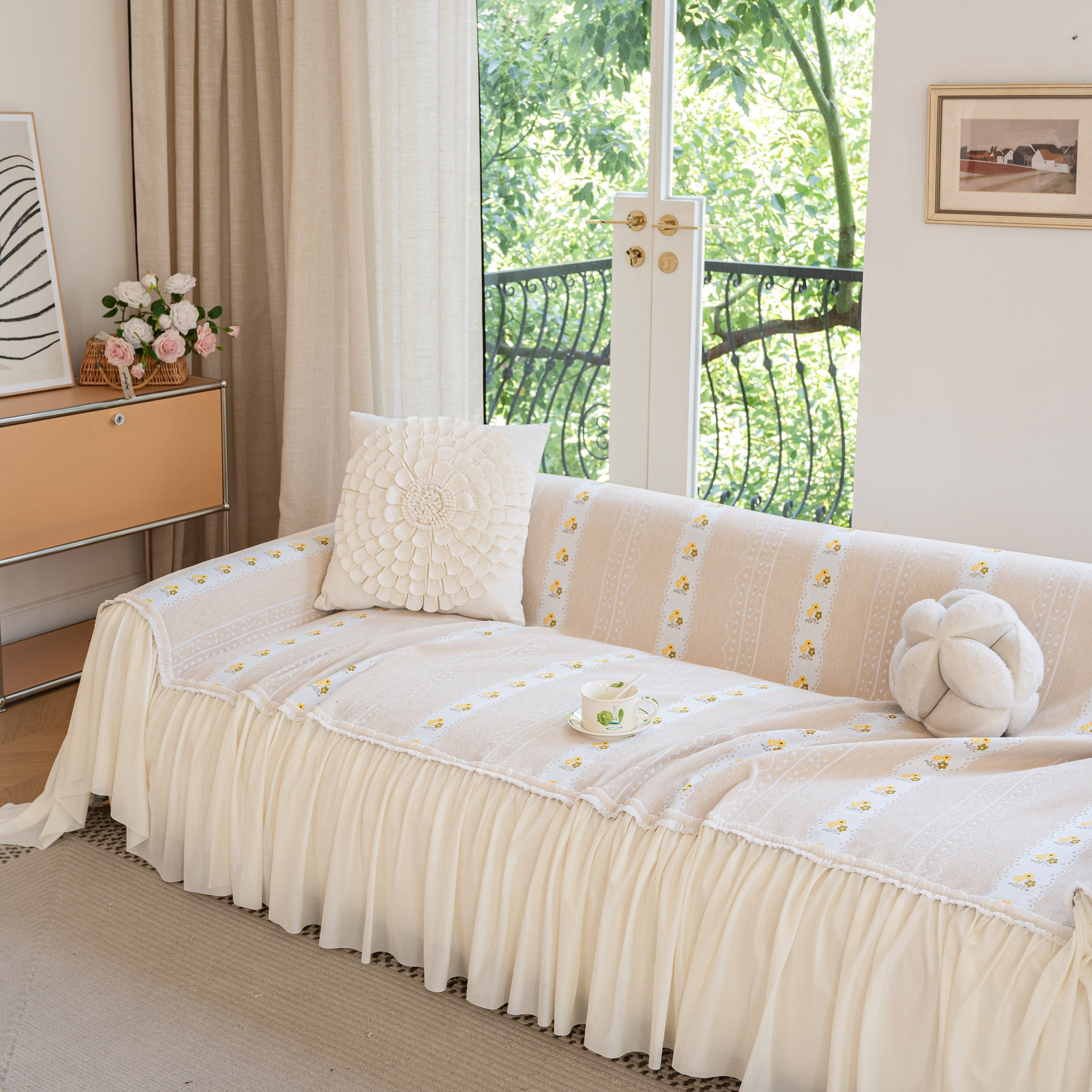 Daisy Striped Sofa Cover With Sheer Ruffle Skirt, Floral Soft Slipcover Blanket
