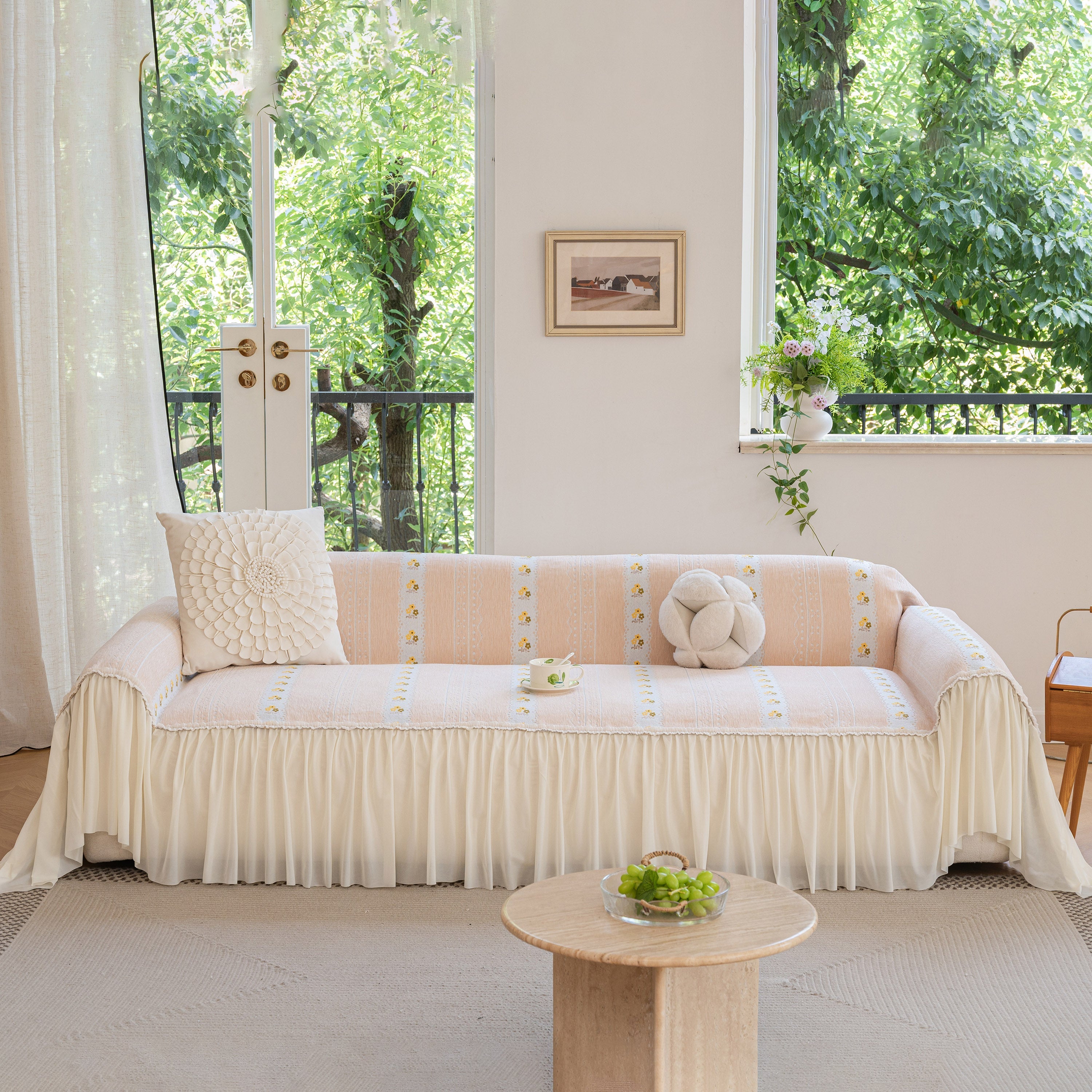 Daisy Striped Sofa Cover With Sheer Ruffle Skirt, Floral Soft Slipcover Blanket