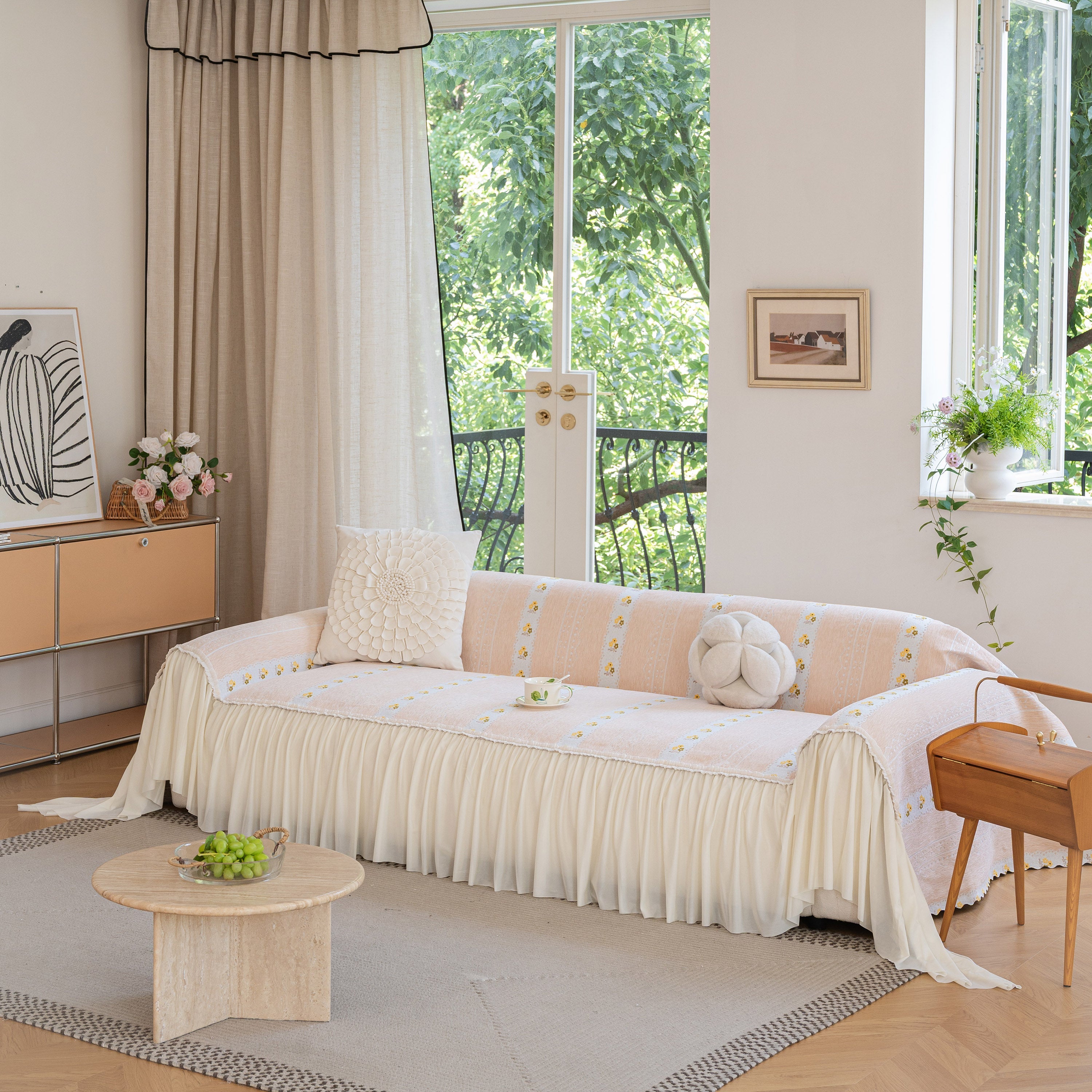 Daisy Striped Sofa Cover With Sheer Ruffle Skirt, Floral Soft Slipcover Blanket