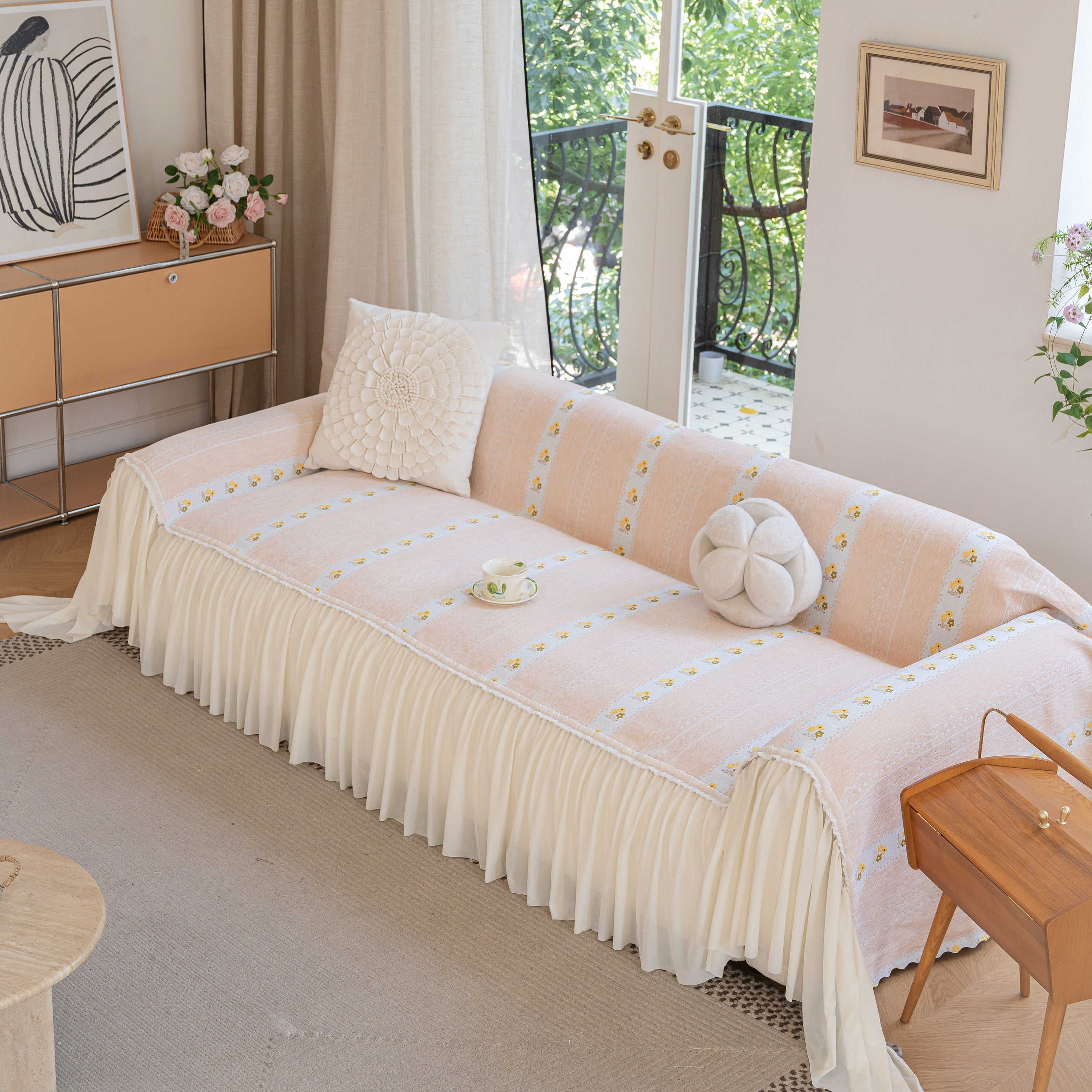 Daisy Striped Sofa Cover With Sheer Ruffle Skirt, Floral Soft Slipcover Blanket