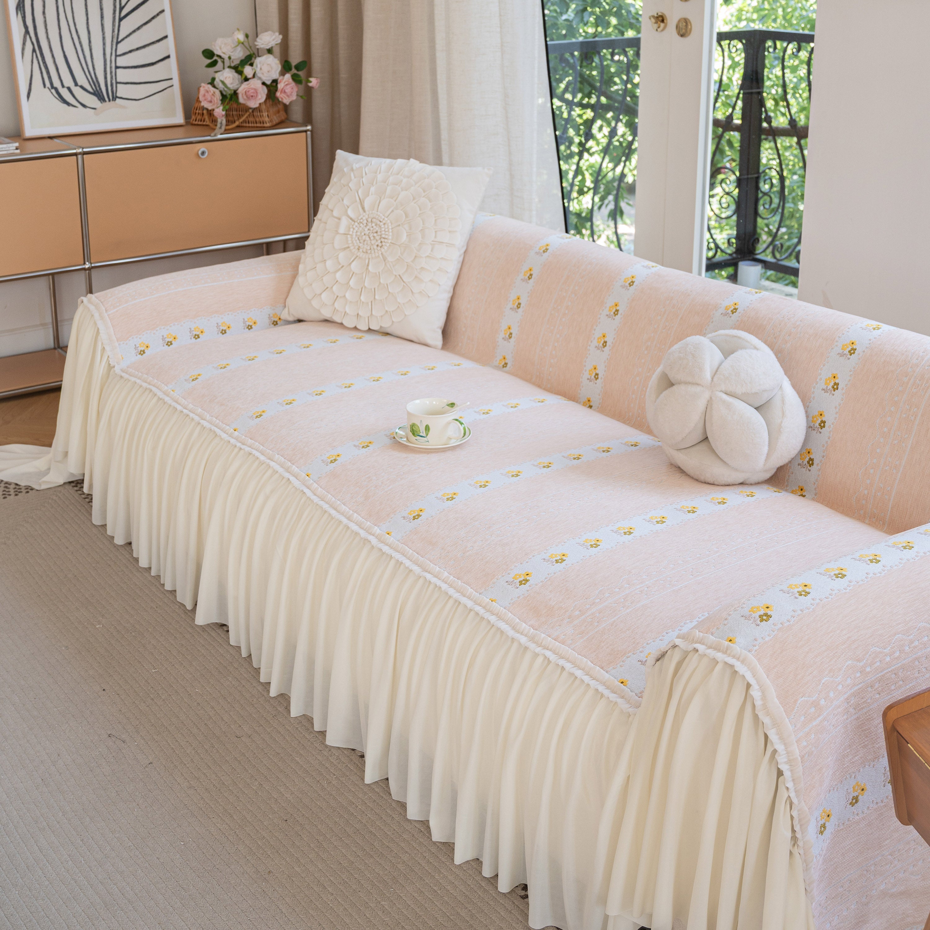 Daisy Striped Sofa Cover With Sheer Ruffle Skirt, Floral Soft Slipcover Blanket
