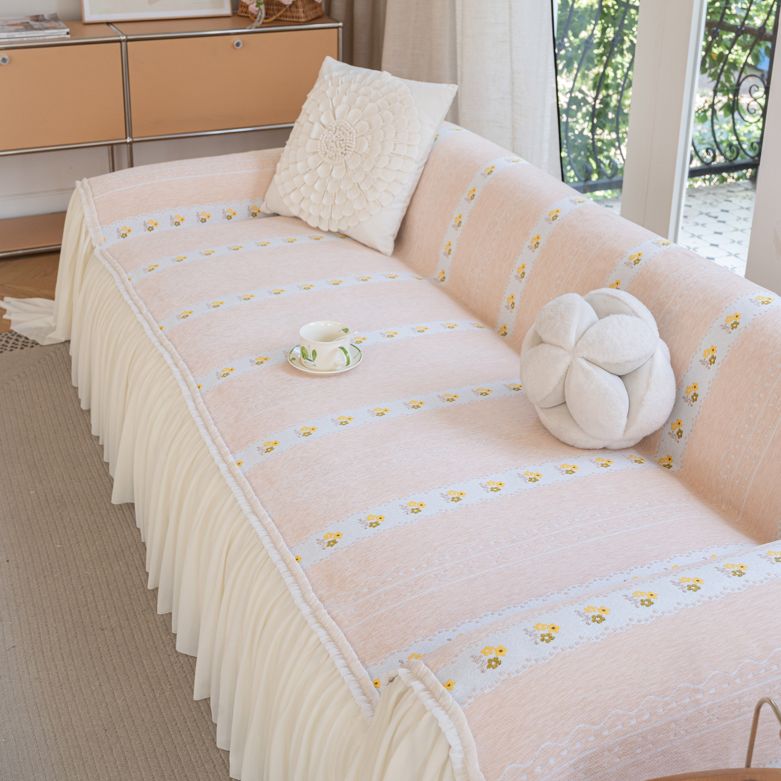 Daisy Striped Sofa Cover With Sheer Ruffle Skirt, Floral Soft Slipcover Blanket