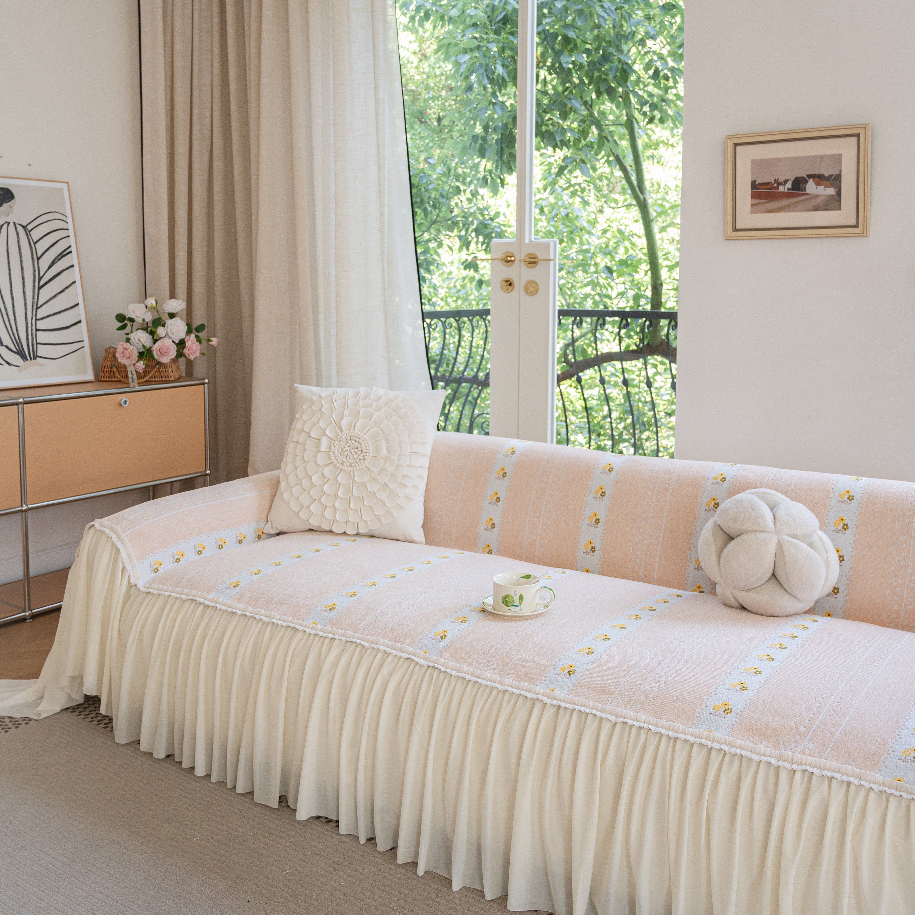 Daisy Striped Sofa Cover With Sheer Ruffle Skirt, Floral Soft Slipcover Blanket