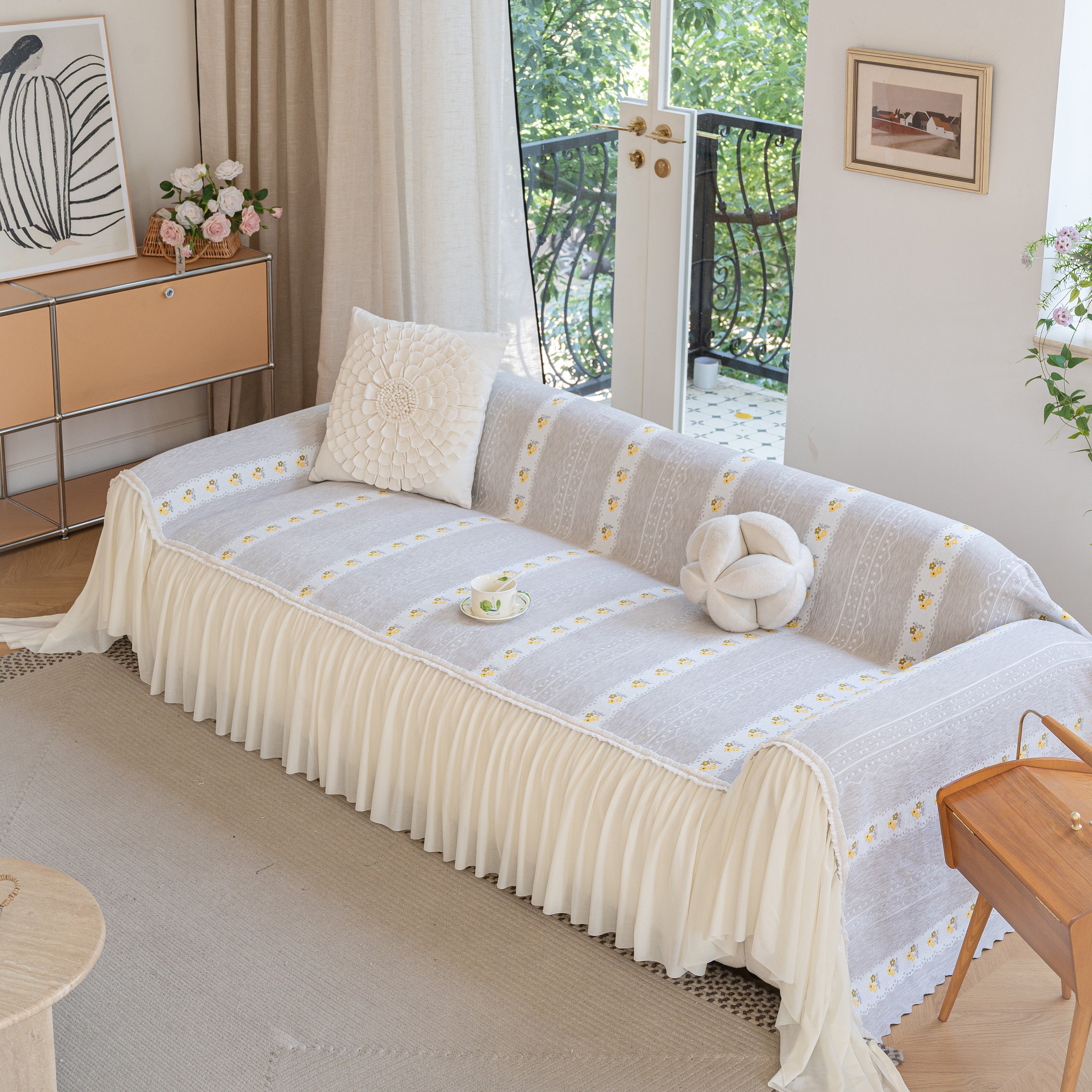 Daisy Striped Sofa Cover With Sheer Ruffle Skirt, Floral Soft Slipcover Blanket