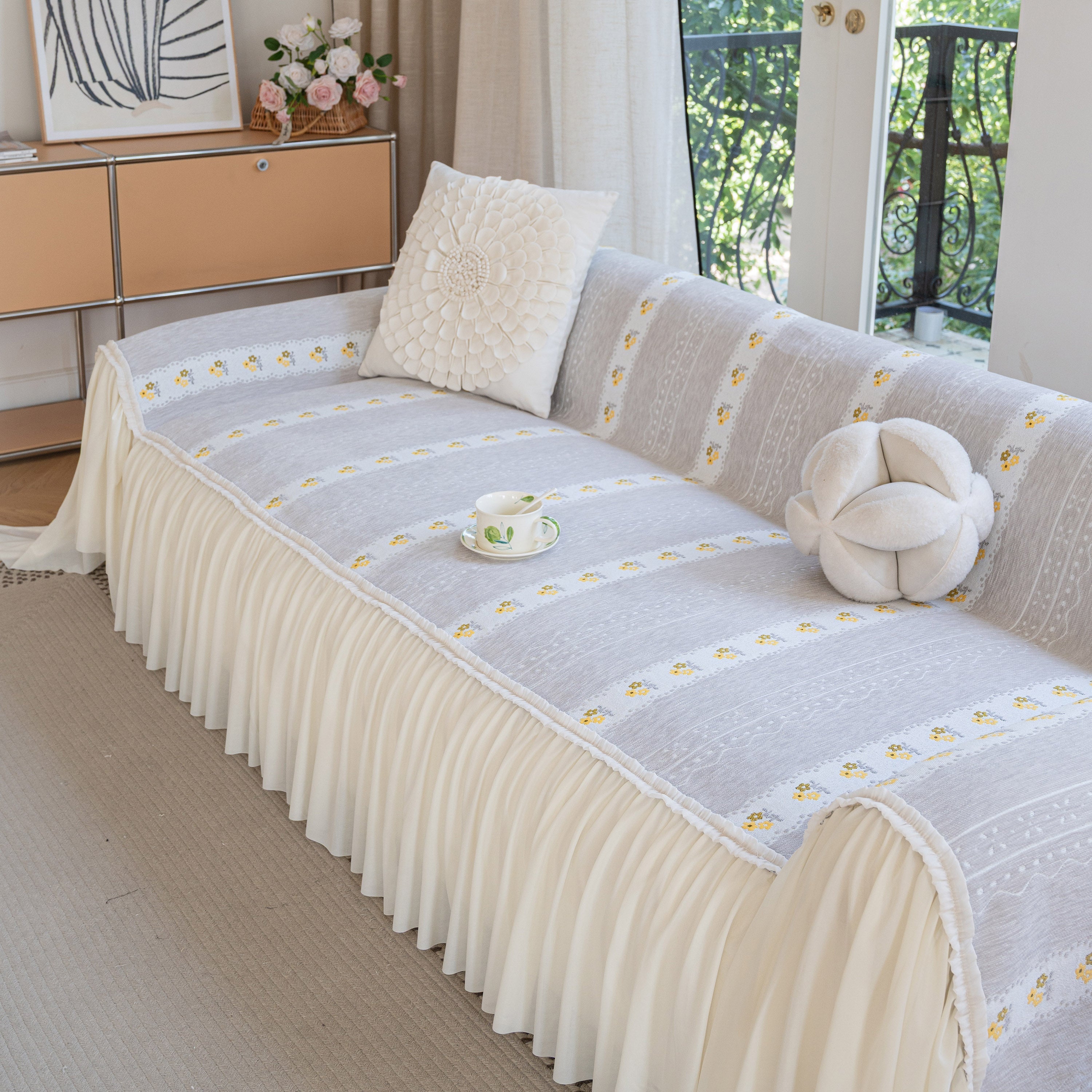 Daisy Striped Sofa Cover With Sheer Ruffle Skirt, Floral Soft Slipcover Blanket