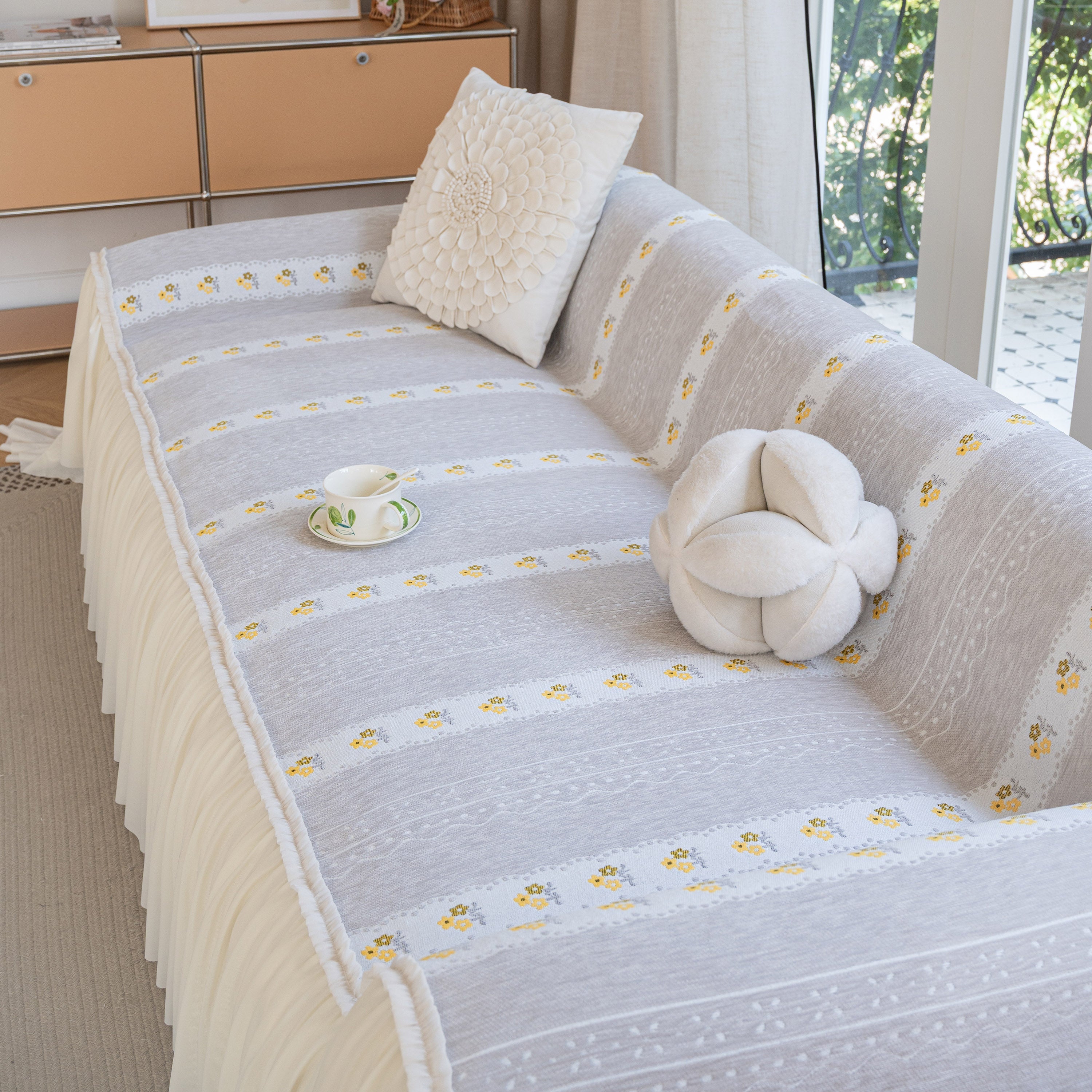 Daisy Striped Sofa Cover With Sheer Ruffle Skirt, Floral Soft Slipcover Blanket