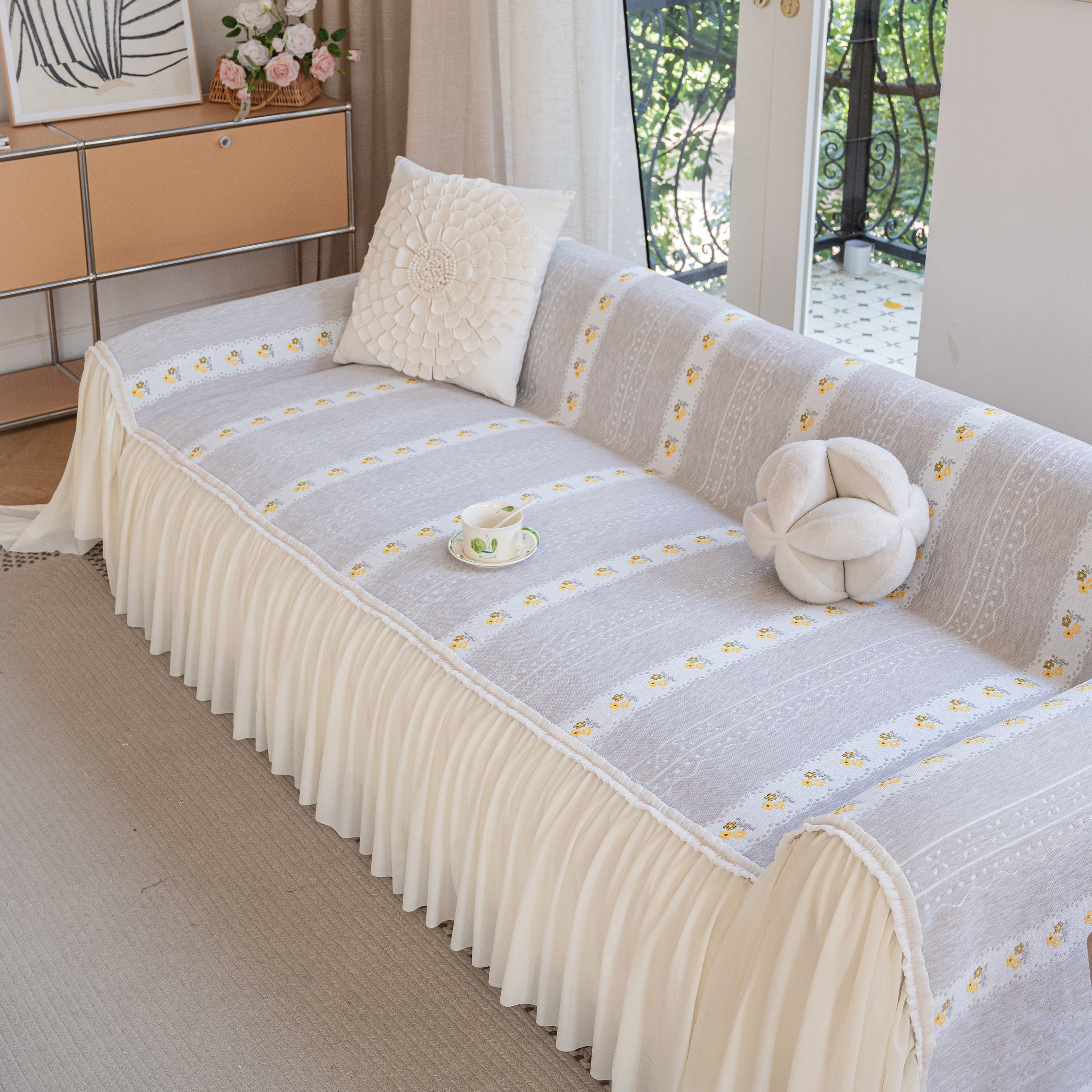 Daisy Striped Sofa Cover With Sheer Ruffle Skirt, Floral Soft Slipcover Blanket
