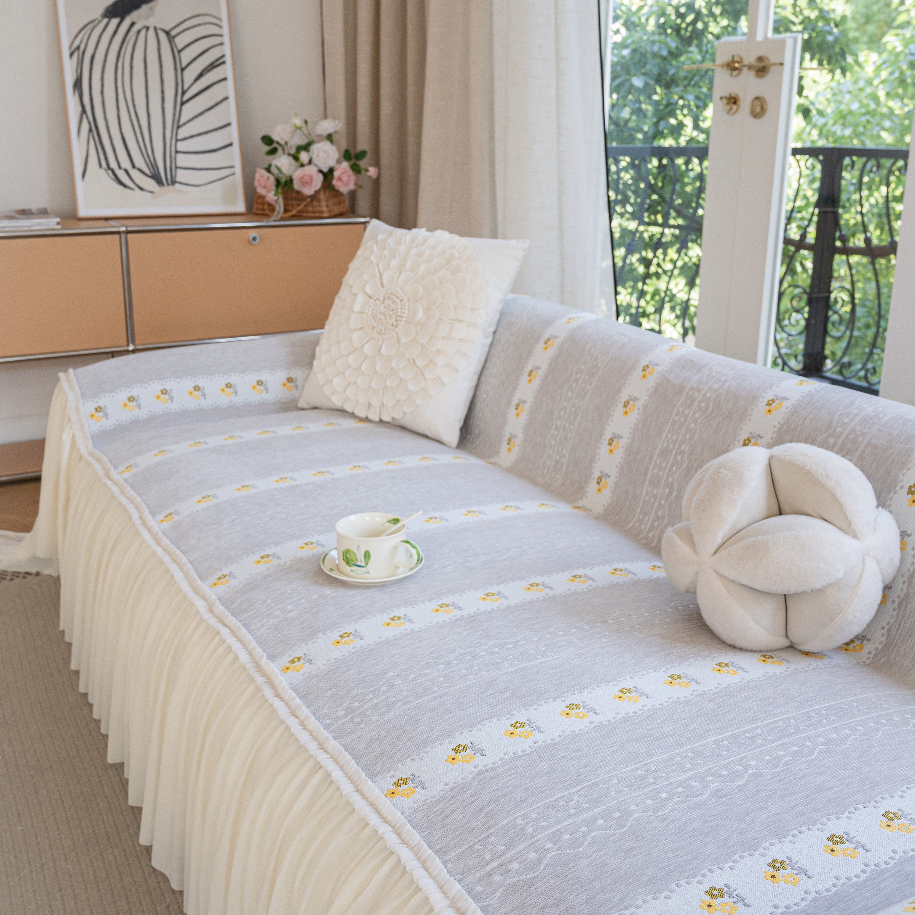 Daisy Striped Sofa Cover With Sheer Ruffle Skirt, Floral Soft Slipcover Blanket