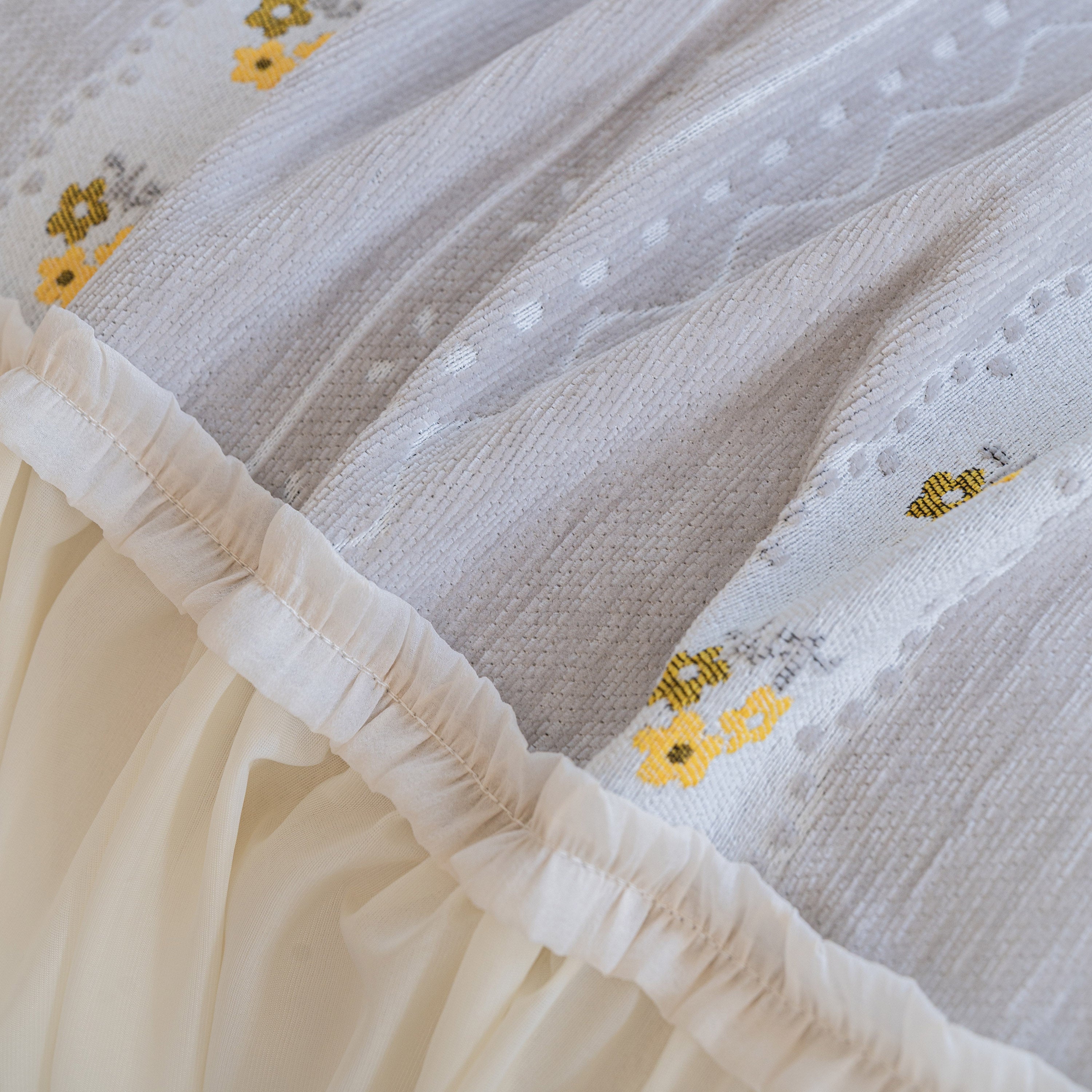 Daisy Striped Sofa Cover With Sheer Ruffle Skirt, Floral Soft Slipcover Blanket