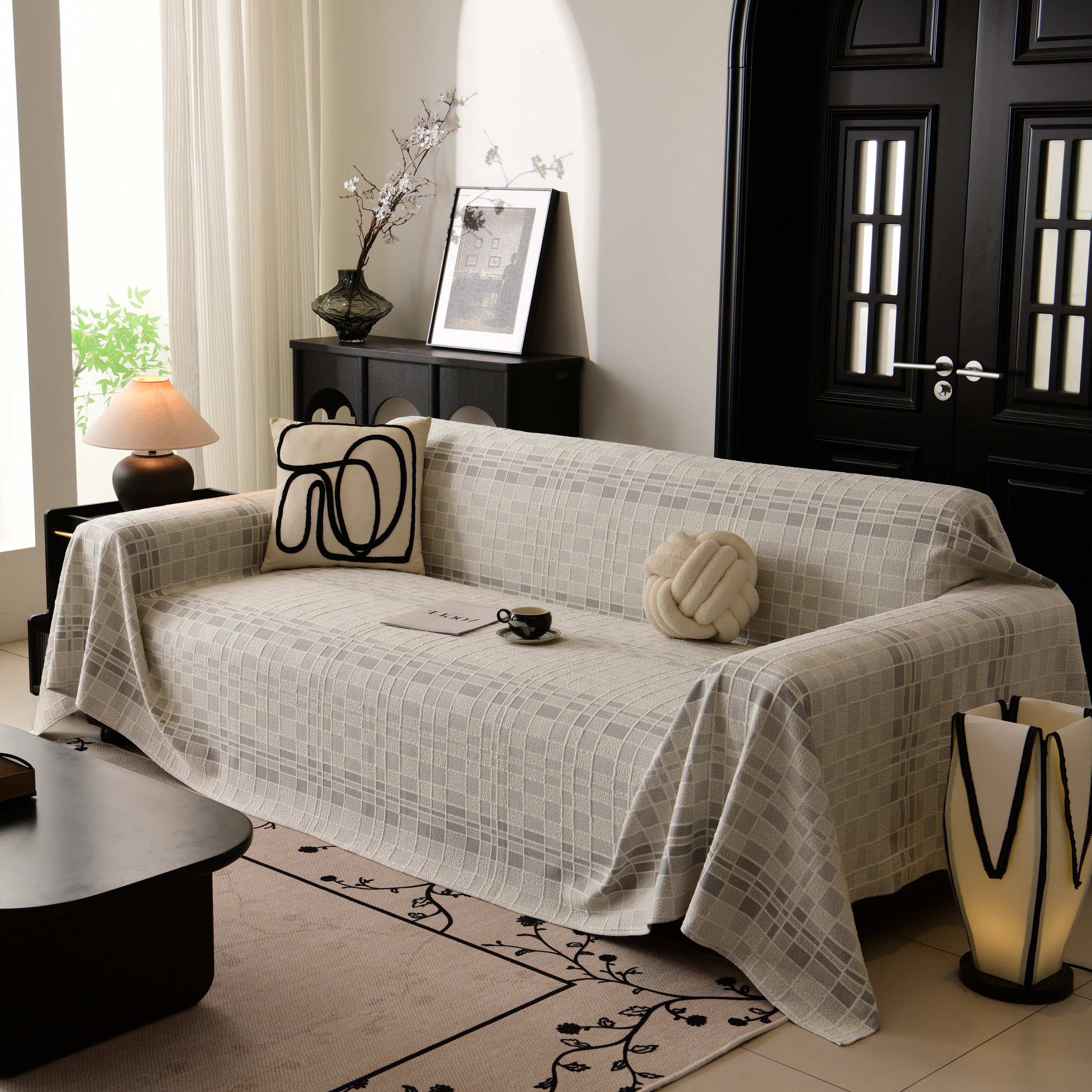 Sofa Cover Throw With Subtle Textured Stripes Lightweight Smooth Couch Slipcover