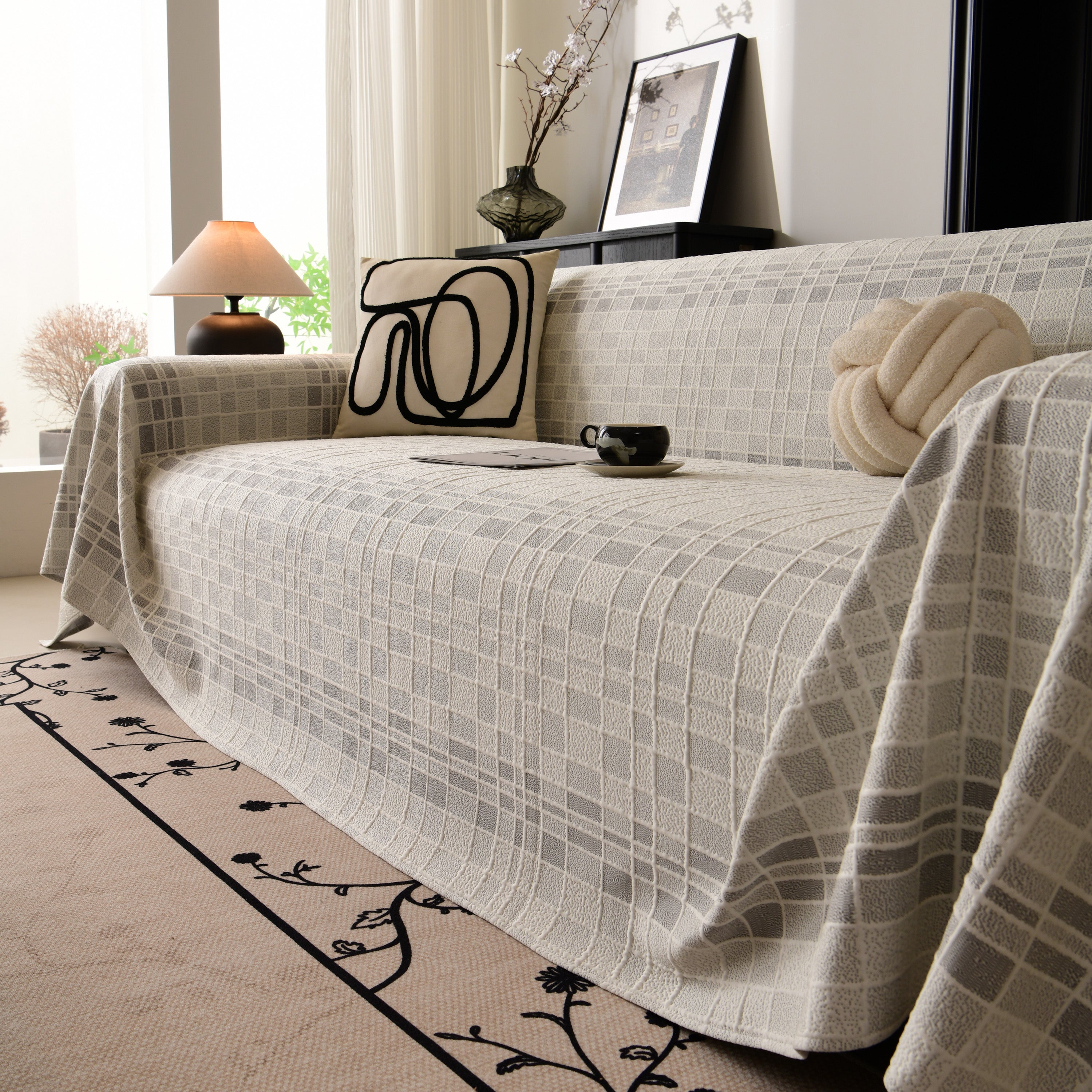 Sofa Cover Throw With Subtle Textured Stripes Lightweight Smooth Couch Slipcover