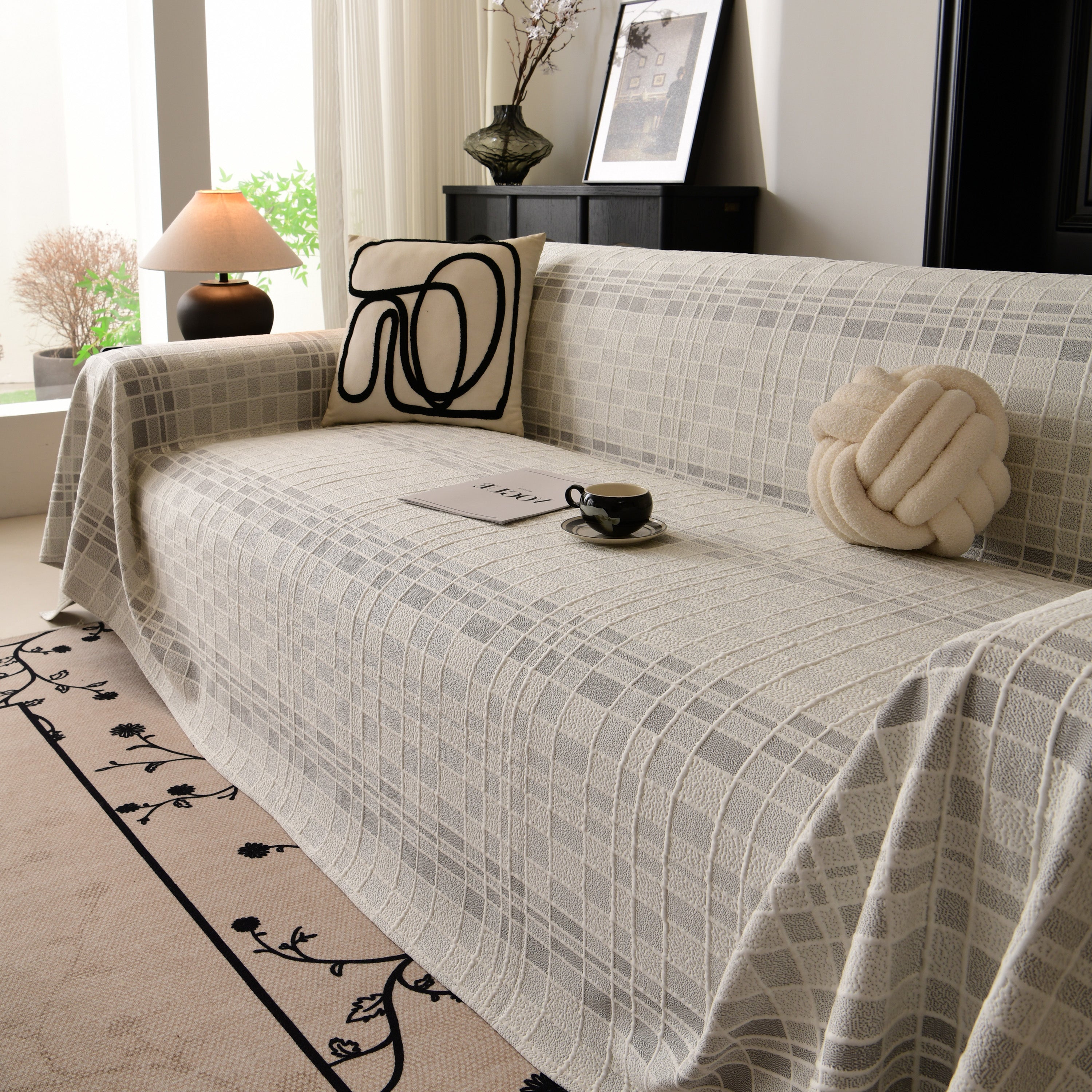 Sofa Cover Throw With Subtle Textured Stripes Lightweight Smooth Couch Slipcover