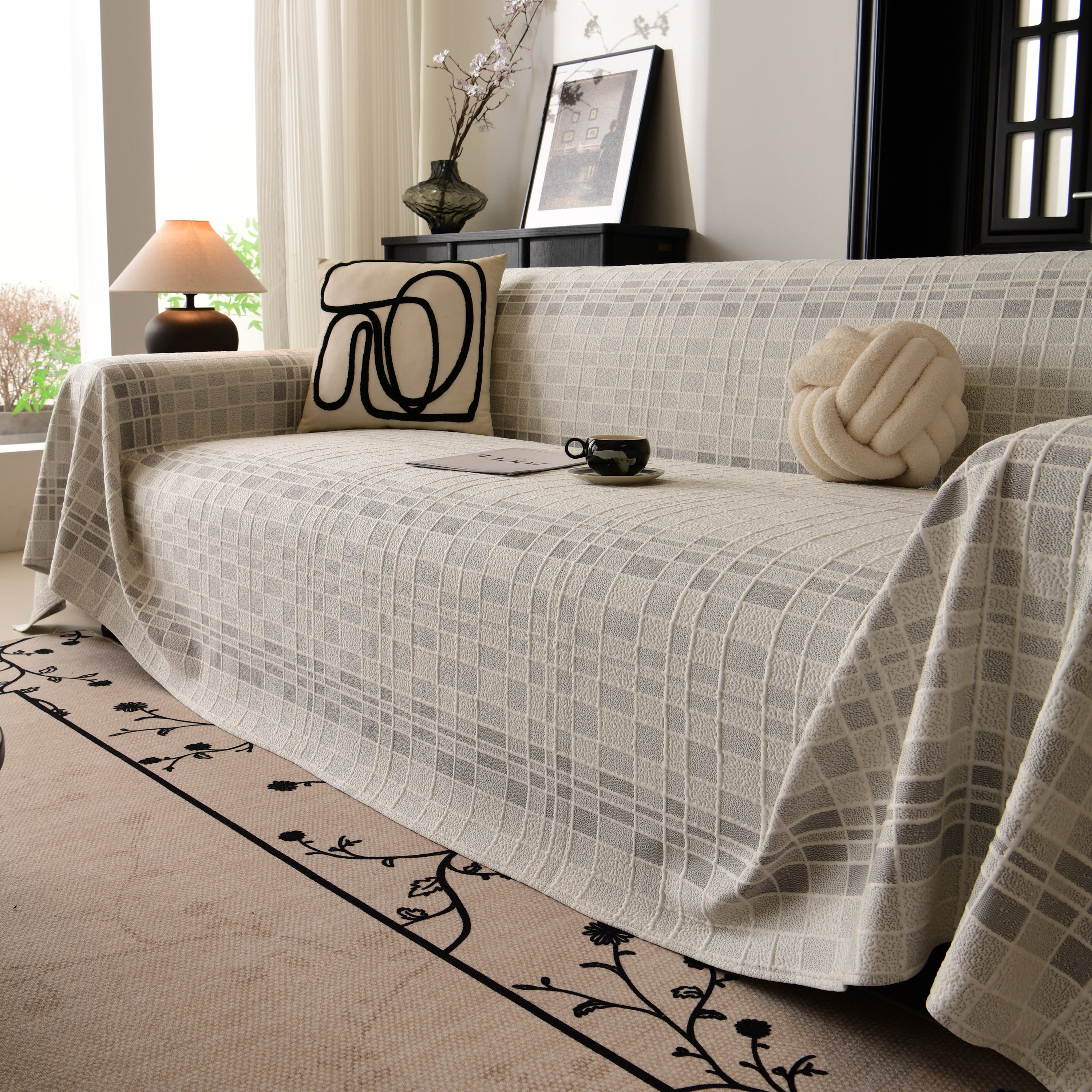 Sofa Cover Throw With Subtle Textured Stripes Lightweight Smooth Couch Slipcover