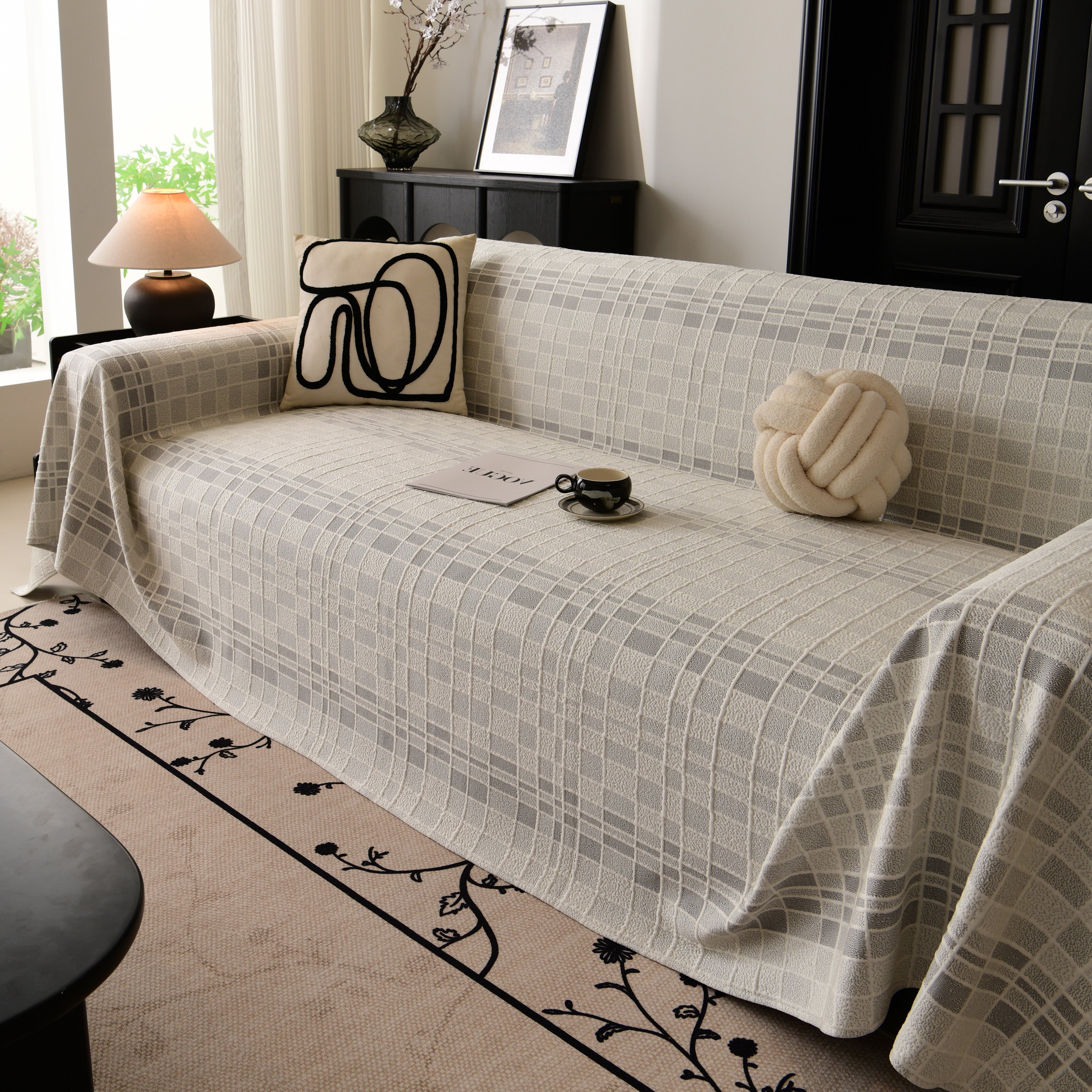 Sofa Cover Throw With Subtle Textured Stripes Lightweight Smooth Couch Slipcover