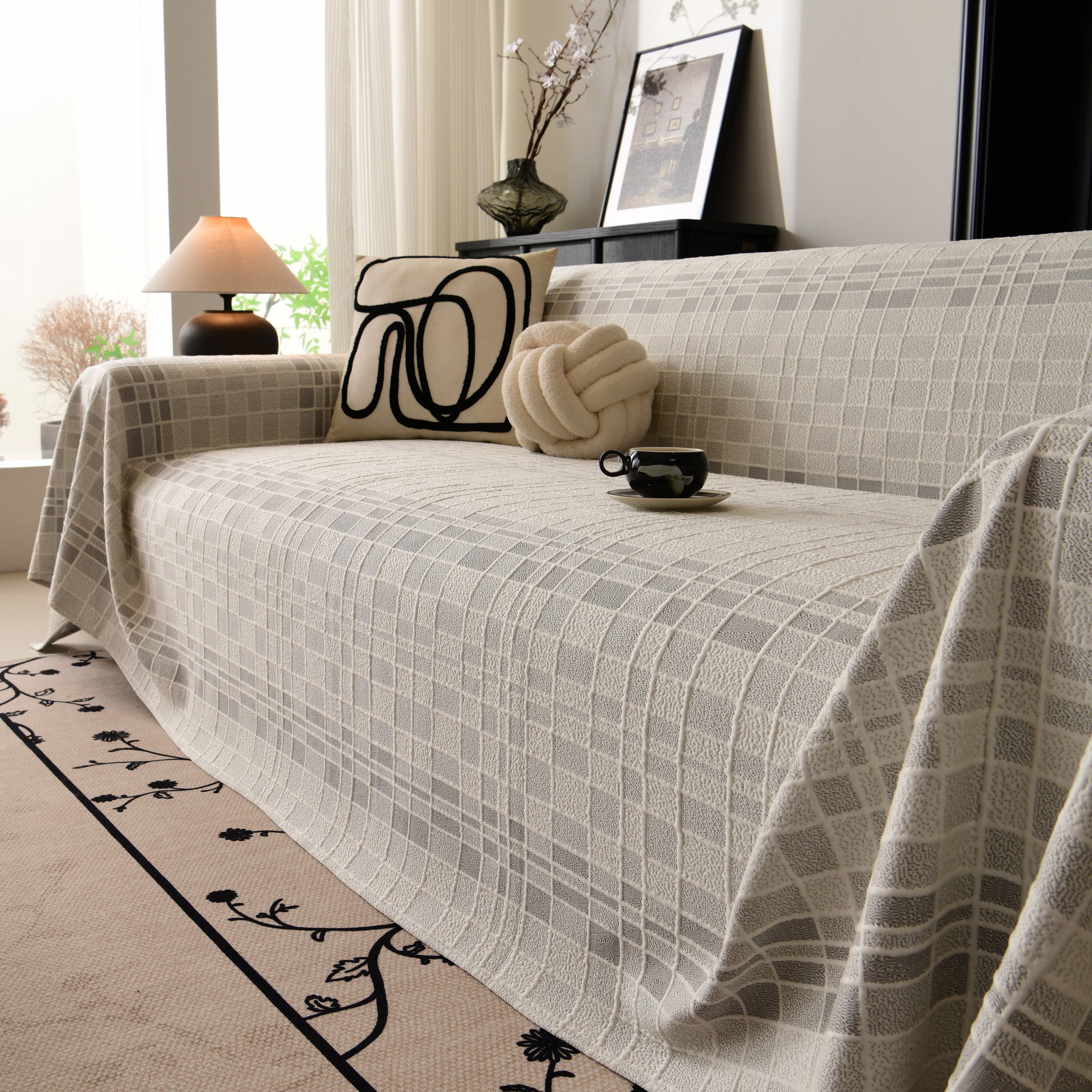 Sofa Cover Throw With Subtle Textured Stripes Lightweight Smooth Couch Slipcover