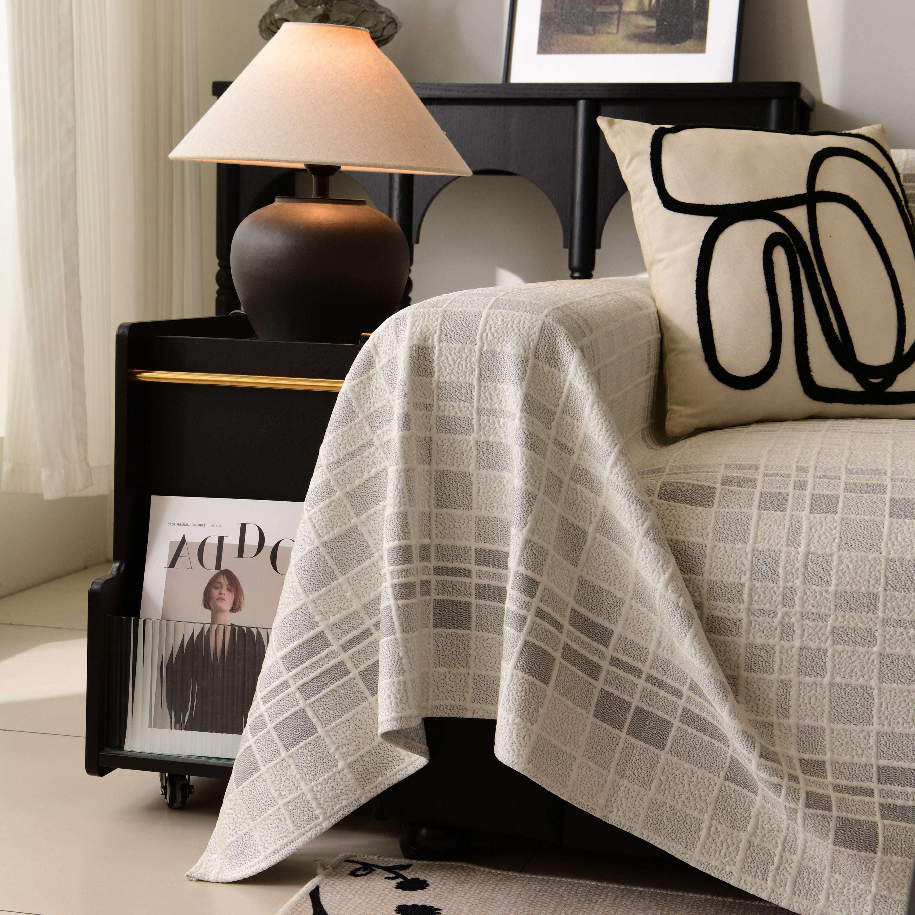 Sofa Cover Throw With Subtle Textured Stripes Lightweight Smooth Couch Slipcover
