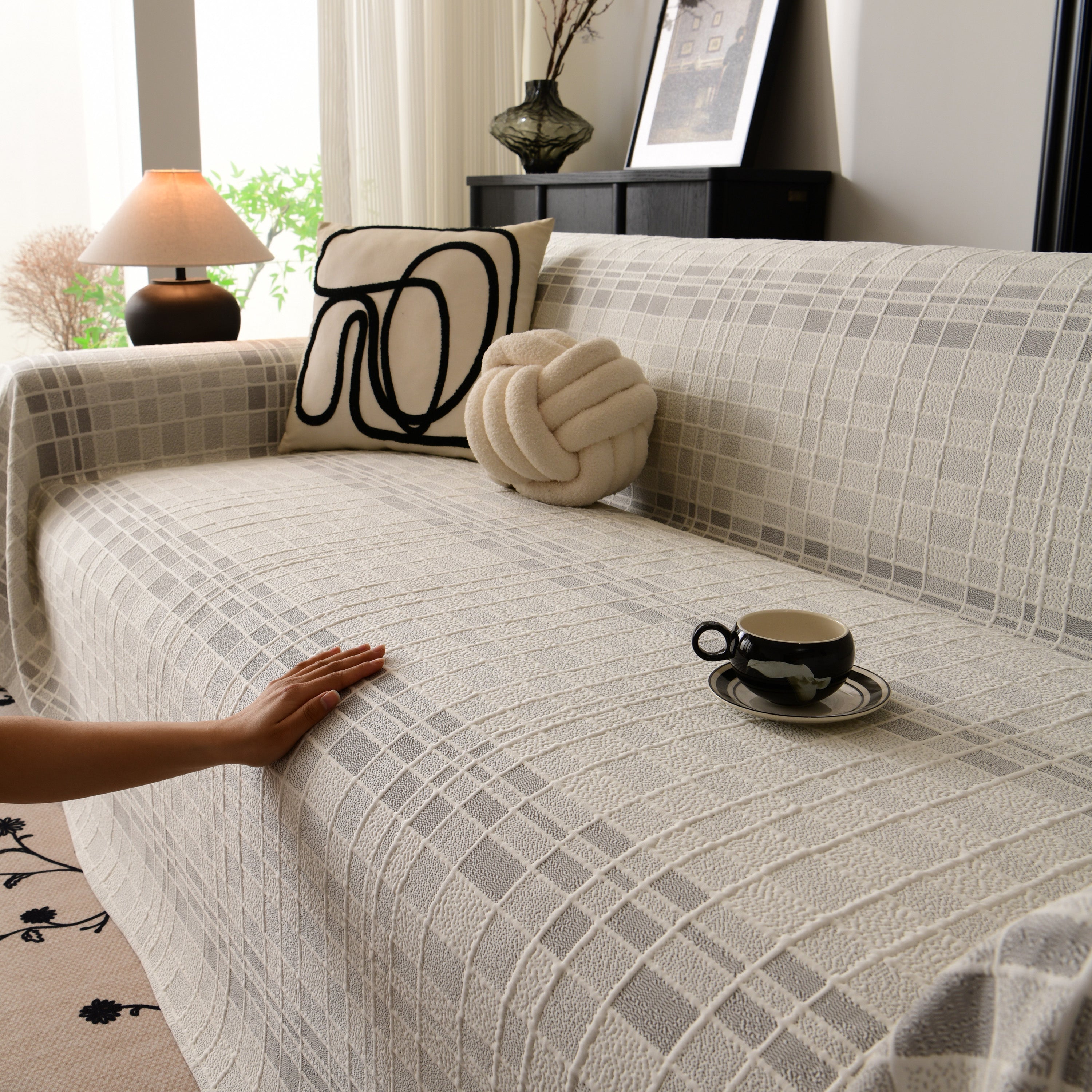 Sofa Cover Throw With Subtle Textured Stripes Lightweight Smooth Couch Slipcover