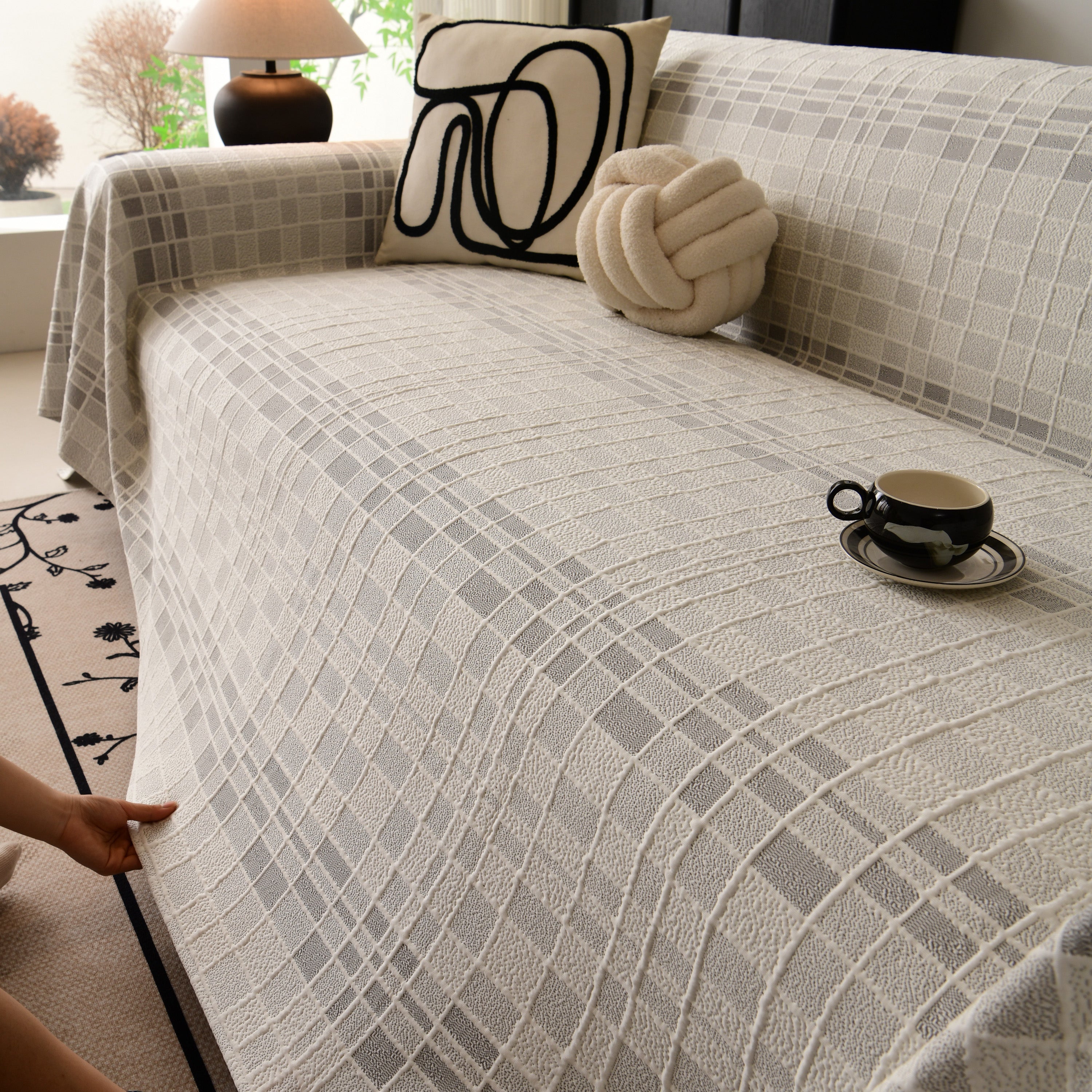 Sofa Cover Throw With Subtle Textured Stripes Lightweight Smooth Couch Slipcover