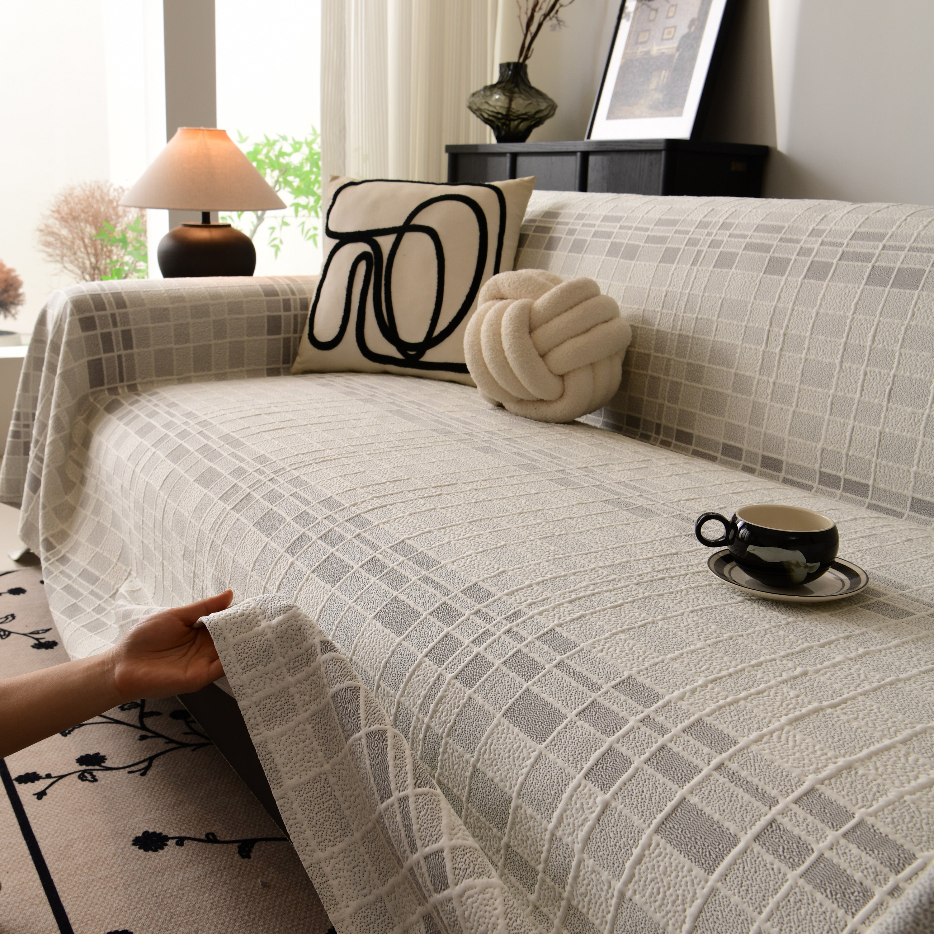 Sofa Cover Throw With Subtle Textured Stripes Lightweight Smooth Couch Slipcover