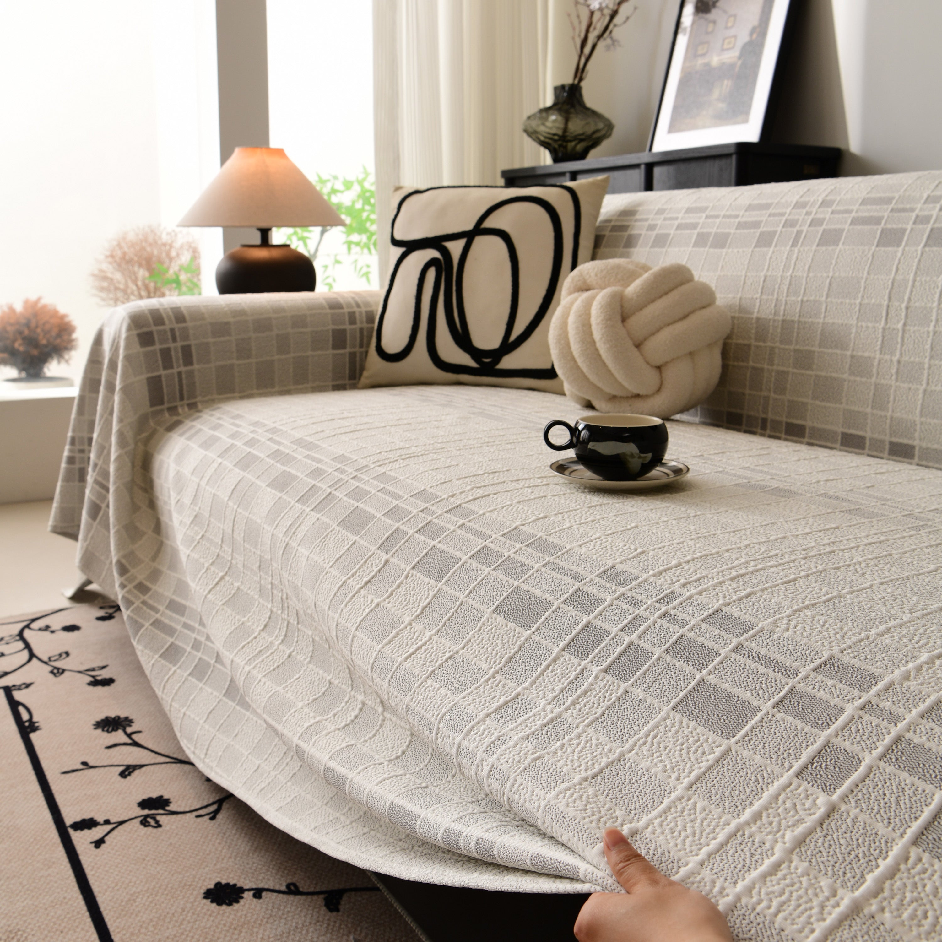 Sofa Cover Throw With Subtle Textured Stripes Lightweight Smooth Couch Slipcover