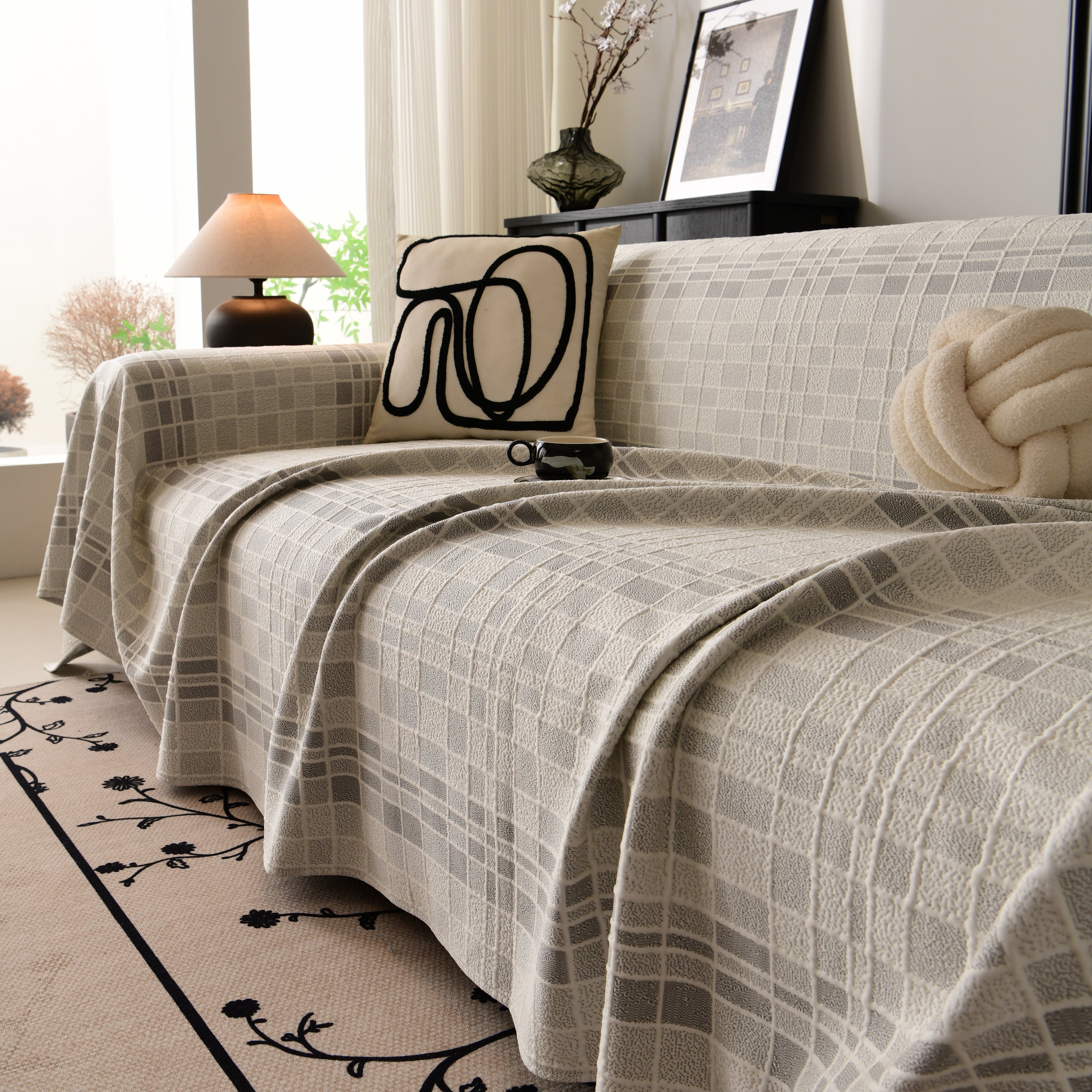 Sofa Cover Throw With Subtle Textured Stripes Lightweight Smooth Couch Slipcover