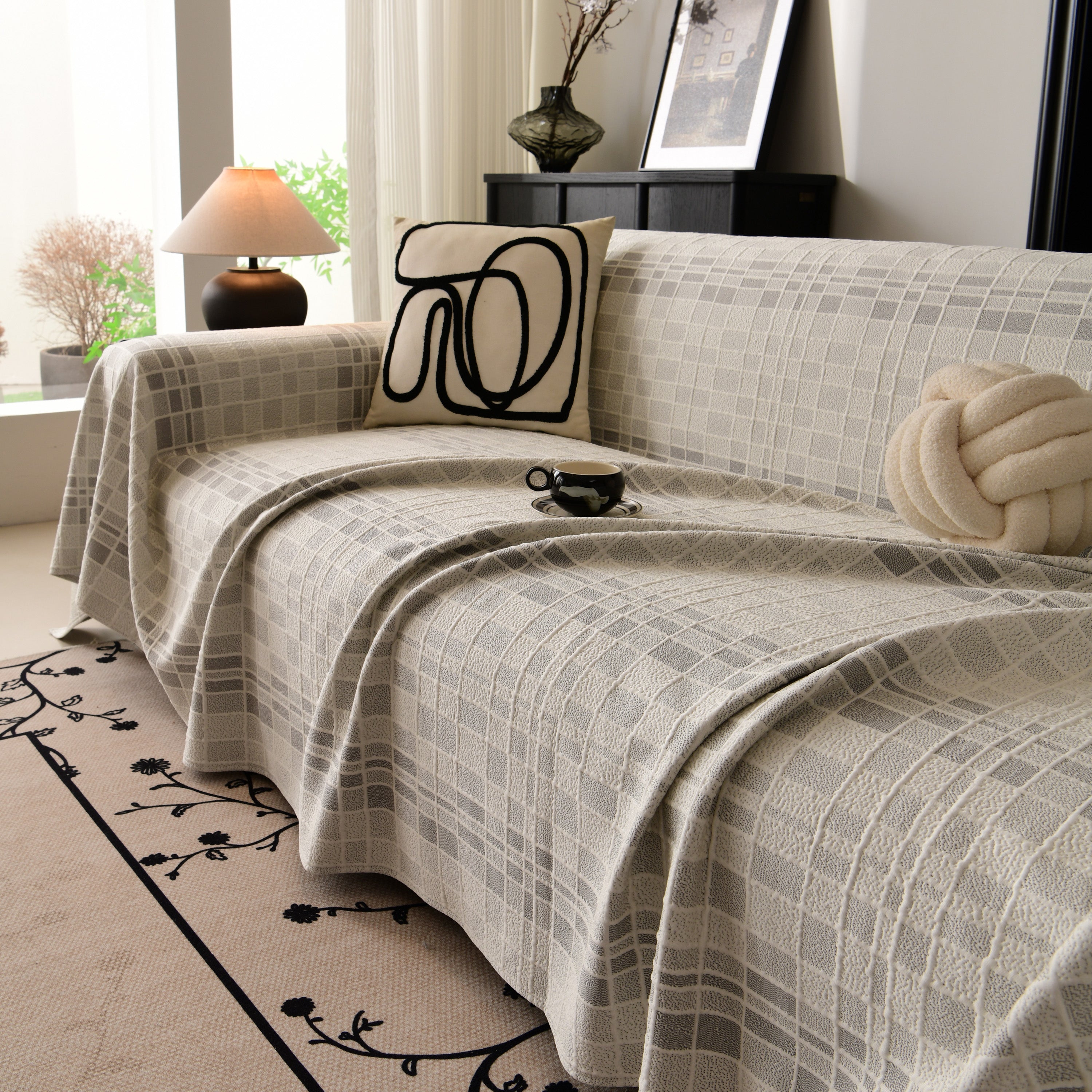 Sofa Cover Throw With Subtle Textured Stripes Lightweight Smooth Couch Slipcover