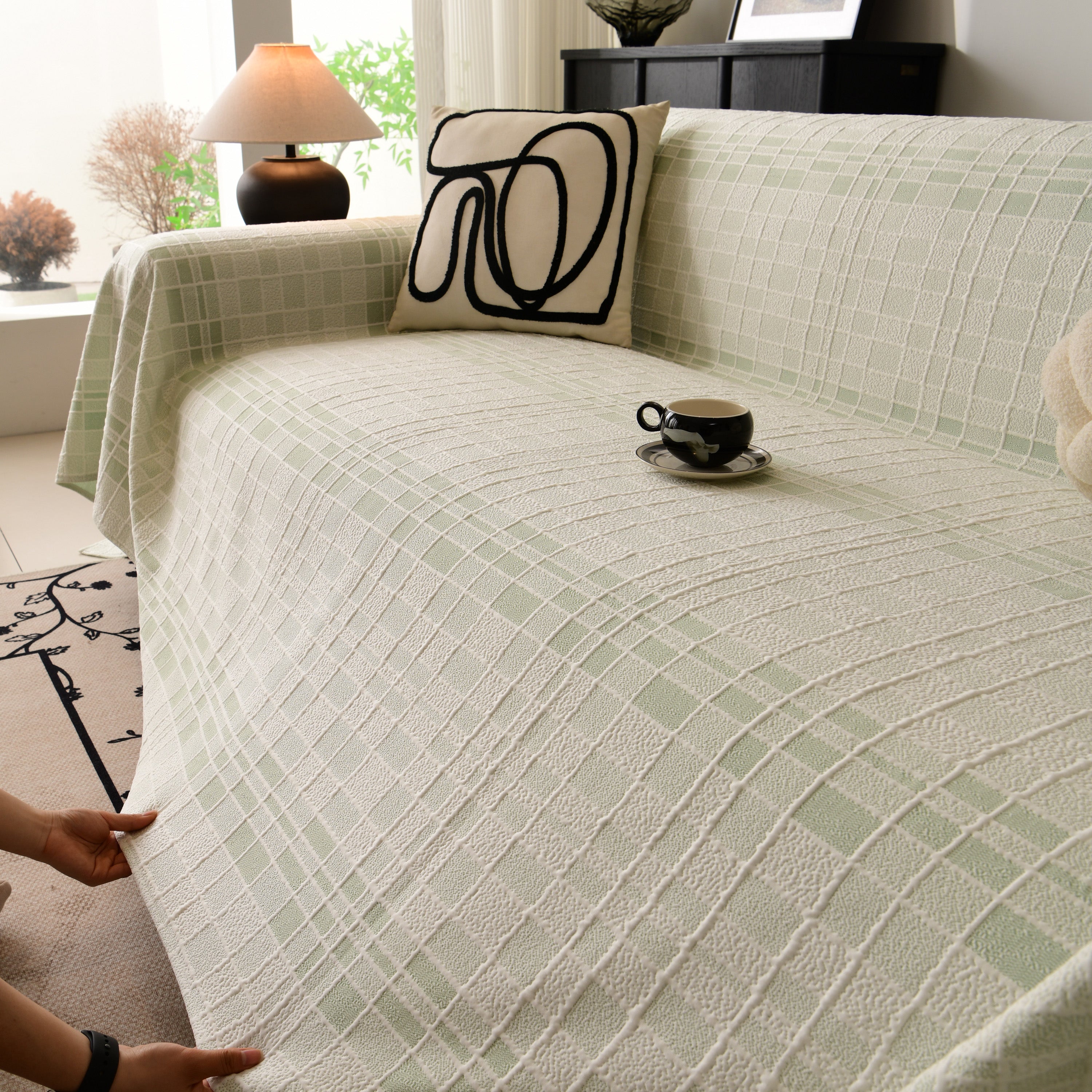 Sofa Cover Throw With Subtle Textured Stripes Lightweight Smooth Couch Slipcover