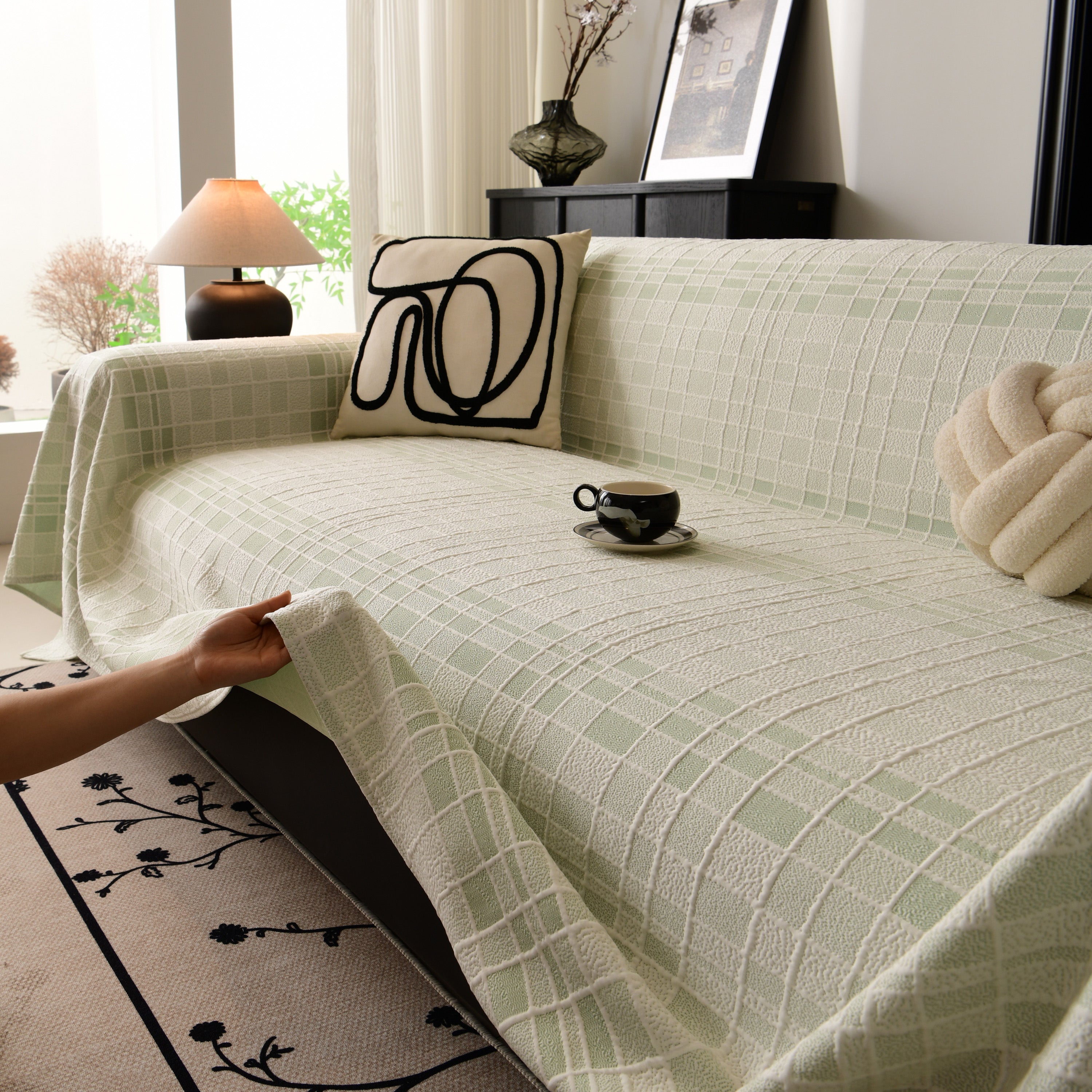 Sofa Cover Throw With Subtle Textured Stripes Lightweight Smooth Couch Slipcover