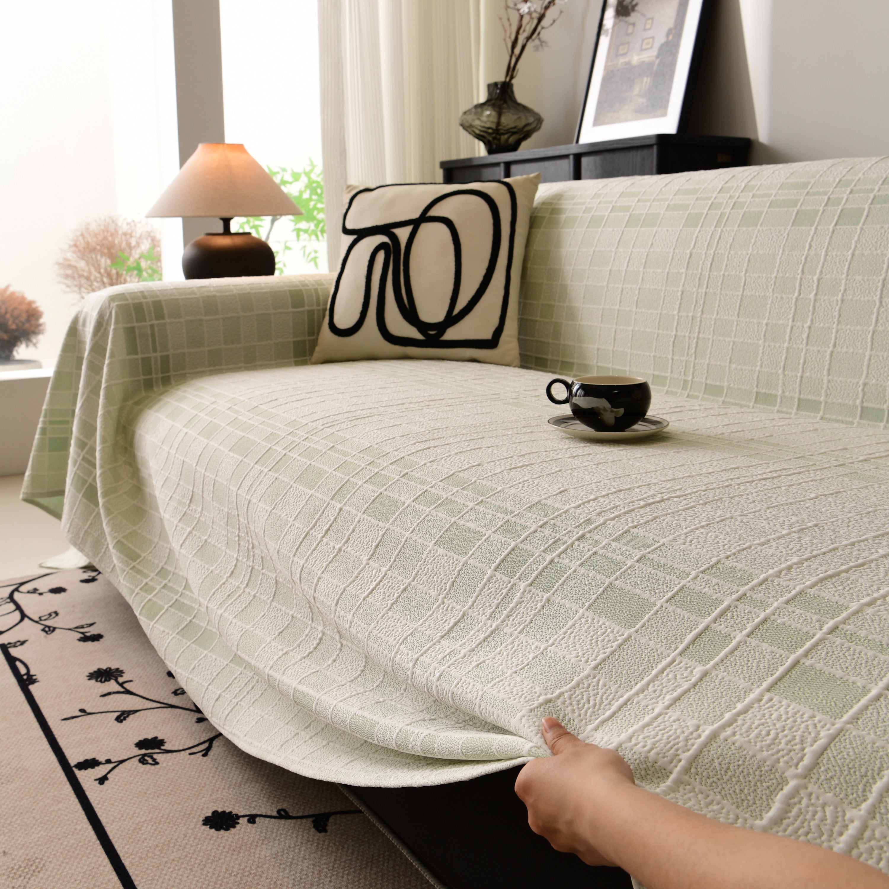 Sofa Cover Throw With Subtle Textured Stripes Lightweight Smooth Couch Slipcover