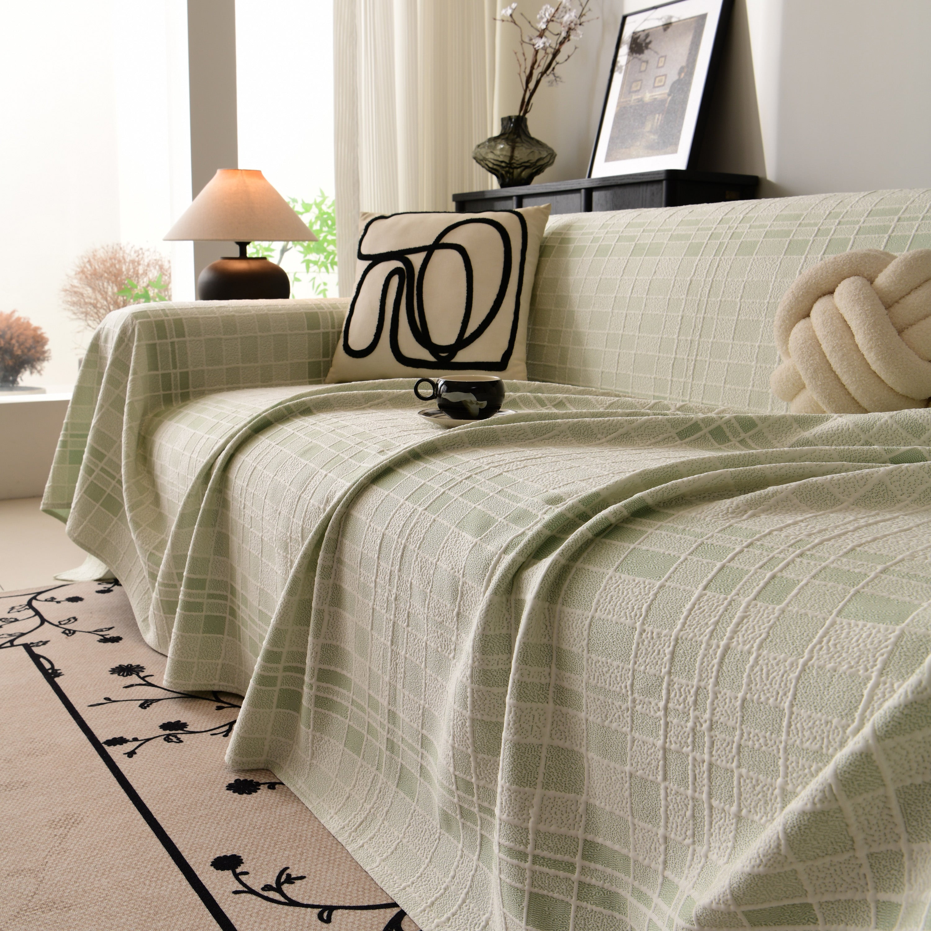 Sofa Cover Throw With Subtle Textured Stripes Lightweight Smooth Couch Slipcover